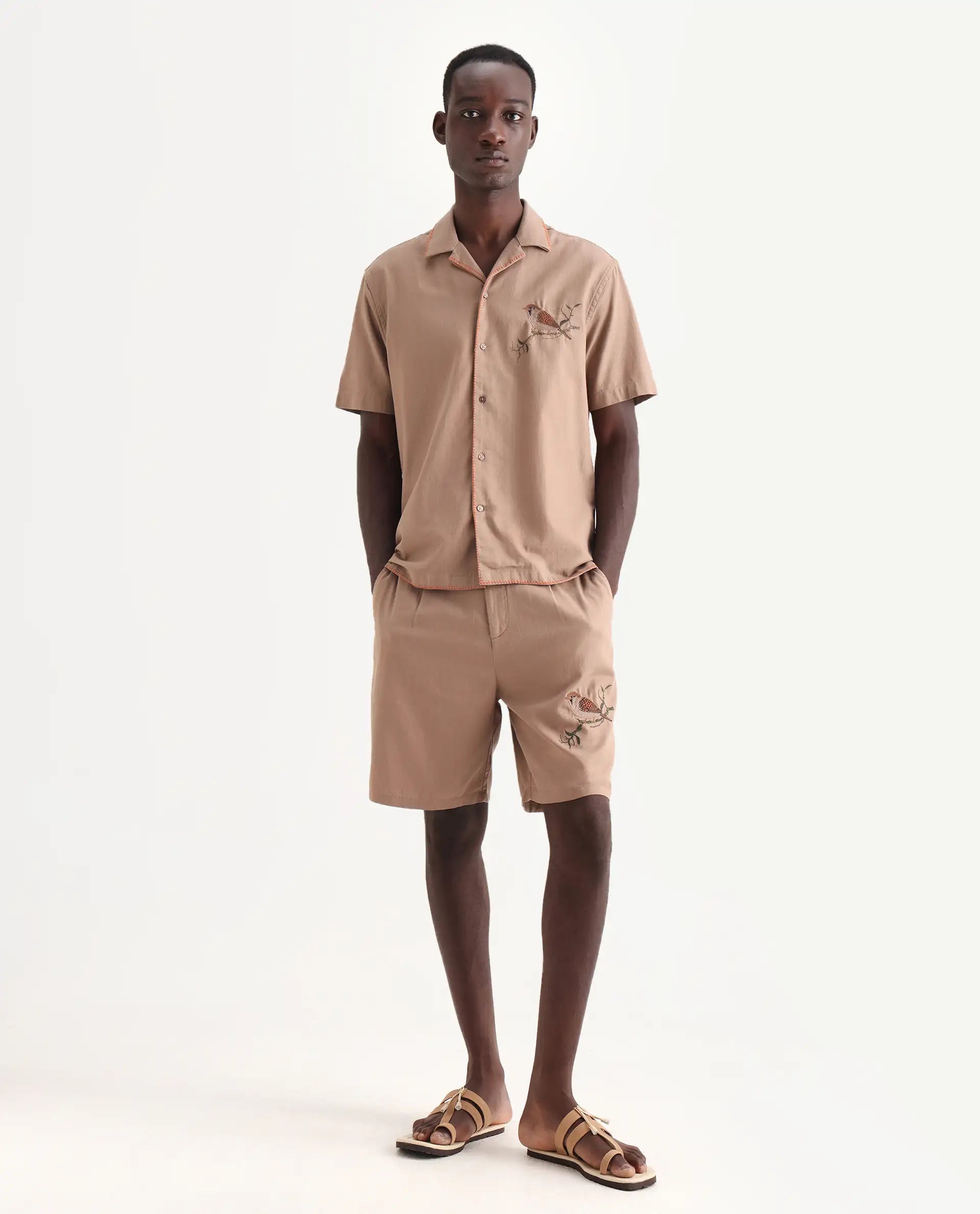 Rare Rabbit Men's Couvin-B Light Brown Cotton Embroidered Regular Fit Shorts