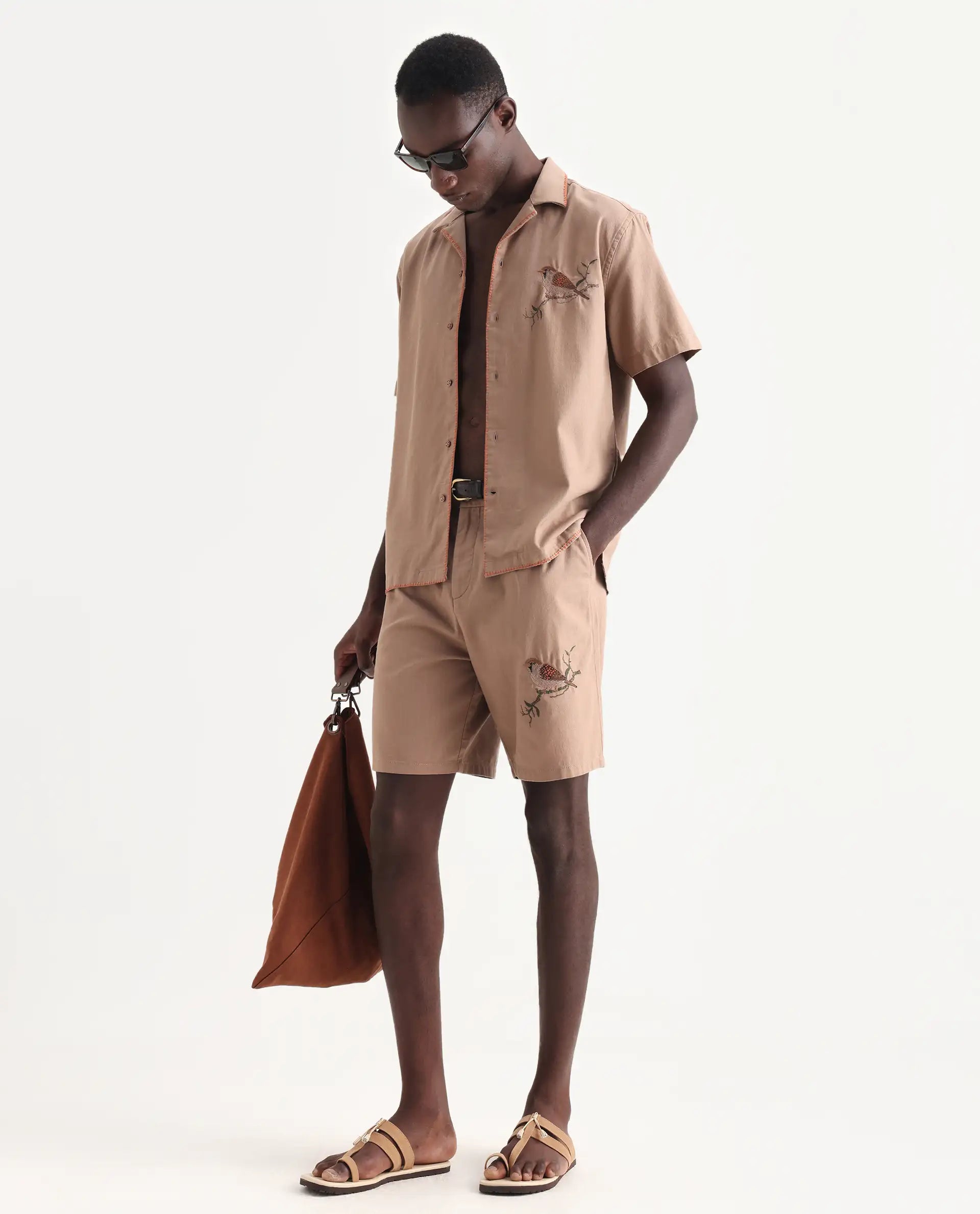 Rare Rabbit Men's Couvin Light Brown Cotton Embroidered Boxy Fit Half Sleeve Cuban Collar Shirt