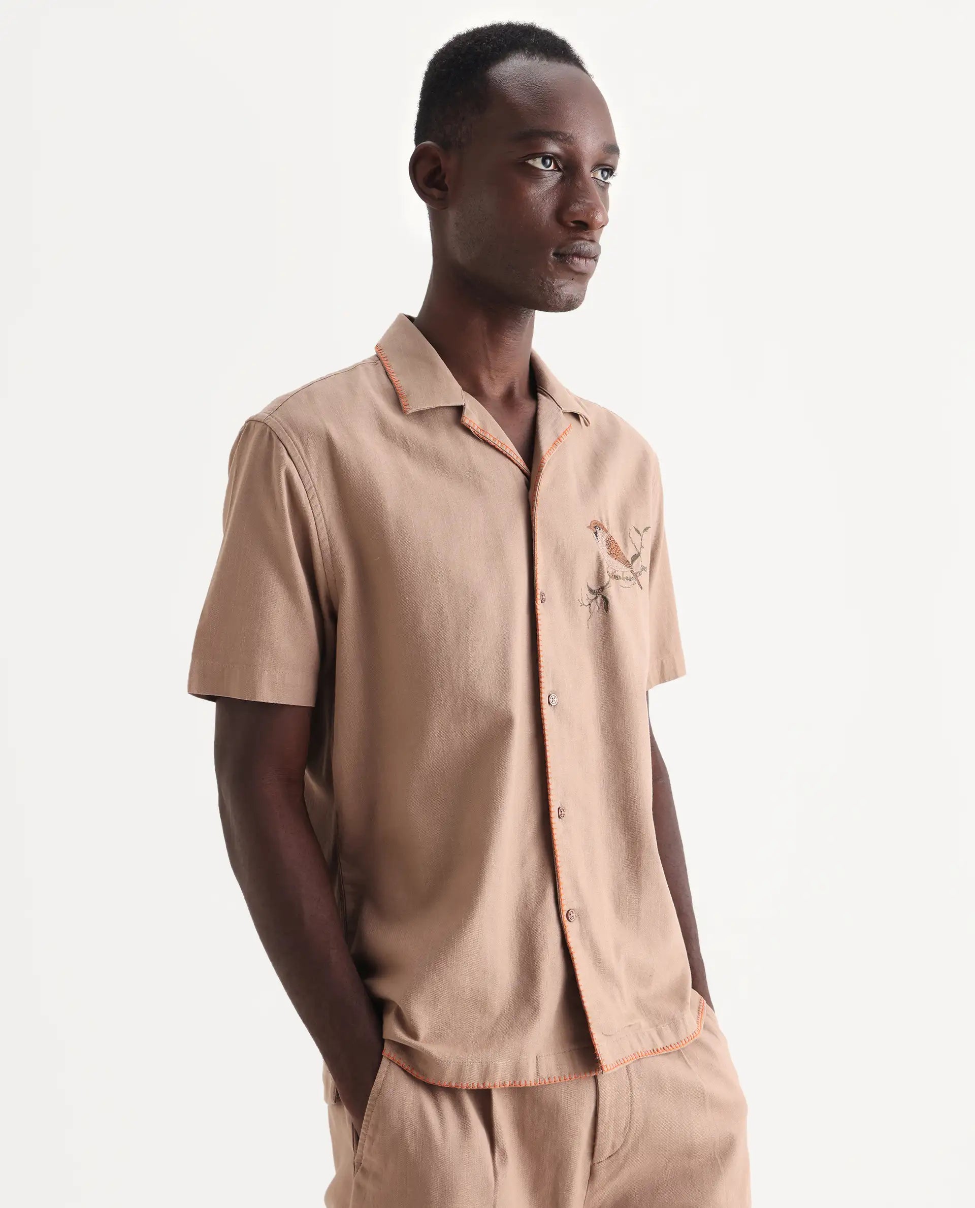 Rare Rabbit Men's Couvin Light Brown Cotton Embroidered Boxy Fit Half Sleeve Cuban Collar Shirt