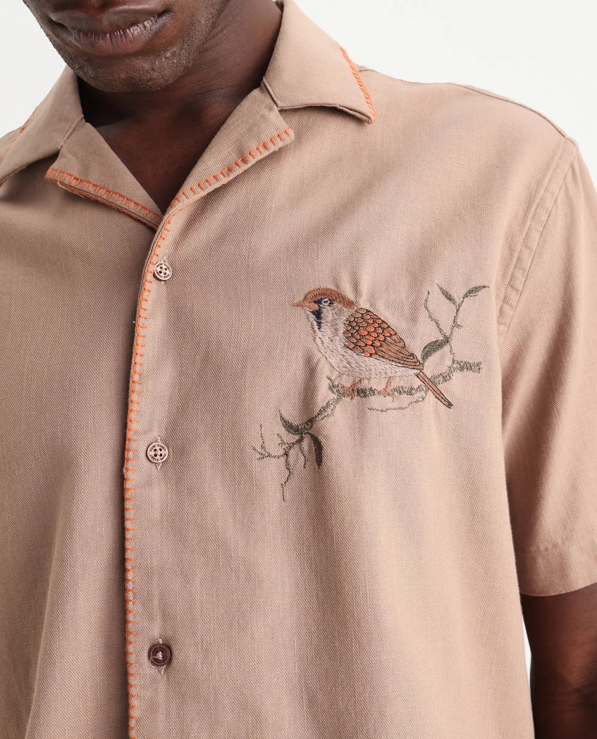 Rare Rabbit Men's Couvin Light Brown Cotton Embroidered Boxy Fit Half Sleeve Cuban Collar Shirt