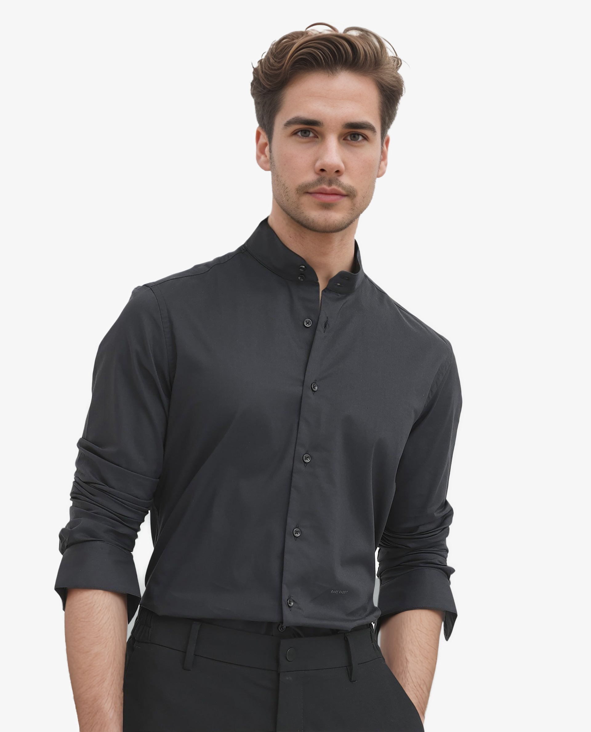 Rare Rabbit Men's Cox-3 Black Cotton Polyester Fabric Mandarin Collar Full Sleeves Solid Shirt