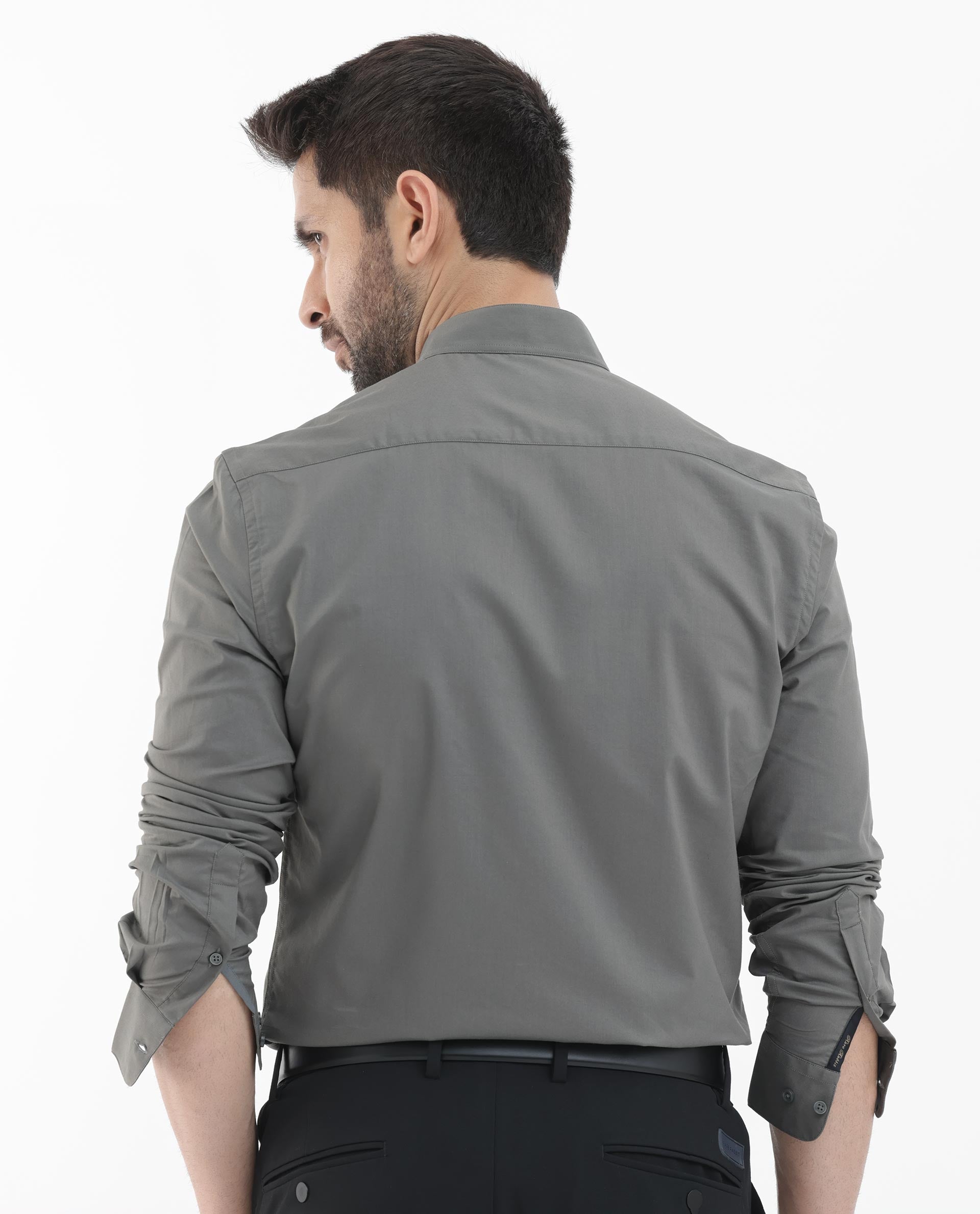 Rare Rabbit Men's Cox-3 Grey Cotton Polyester Fabric Mandarin Collar Full Sleeves Plain Shirt