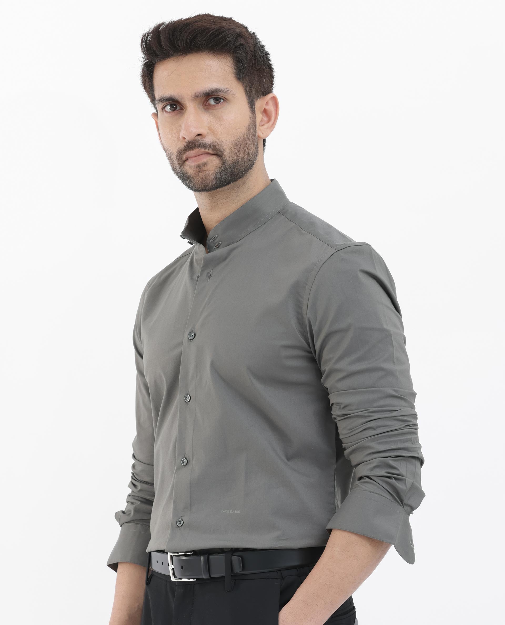 Rare Rabbit Men's Cox-3 Grey Cotton Polyester Fabric Mandarin Collar Full Sleeves Plain Shirt