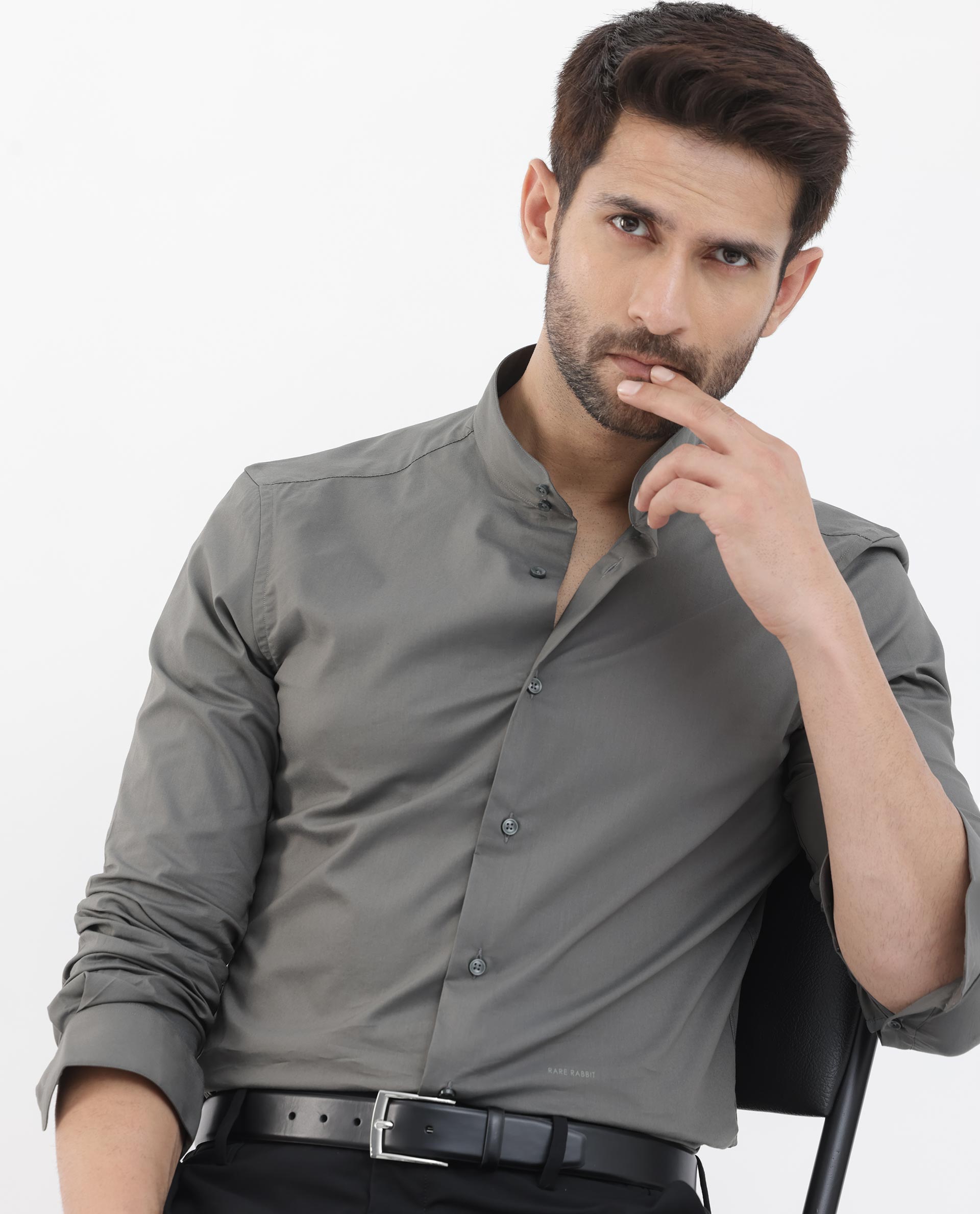 Rare Rabbit Men's Cox-3 Grey Cotton Polyester Fabric Mandarin Collar Full Sleeves Plain Shirt