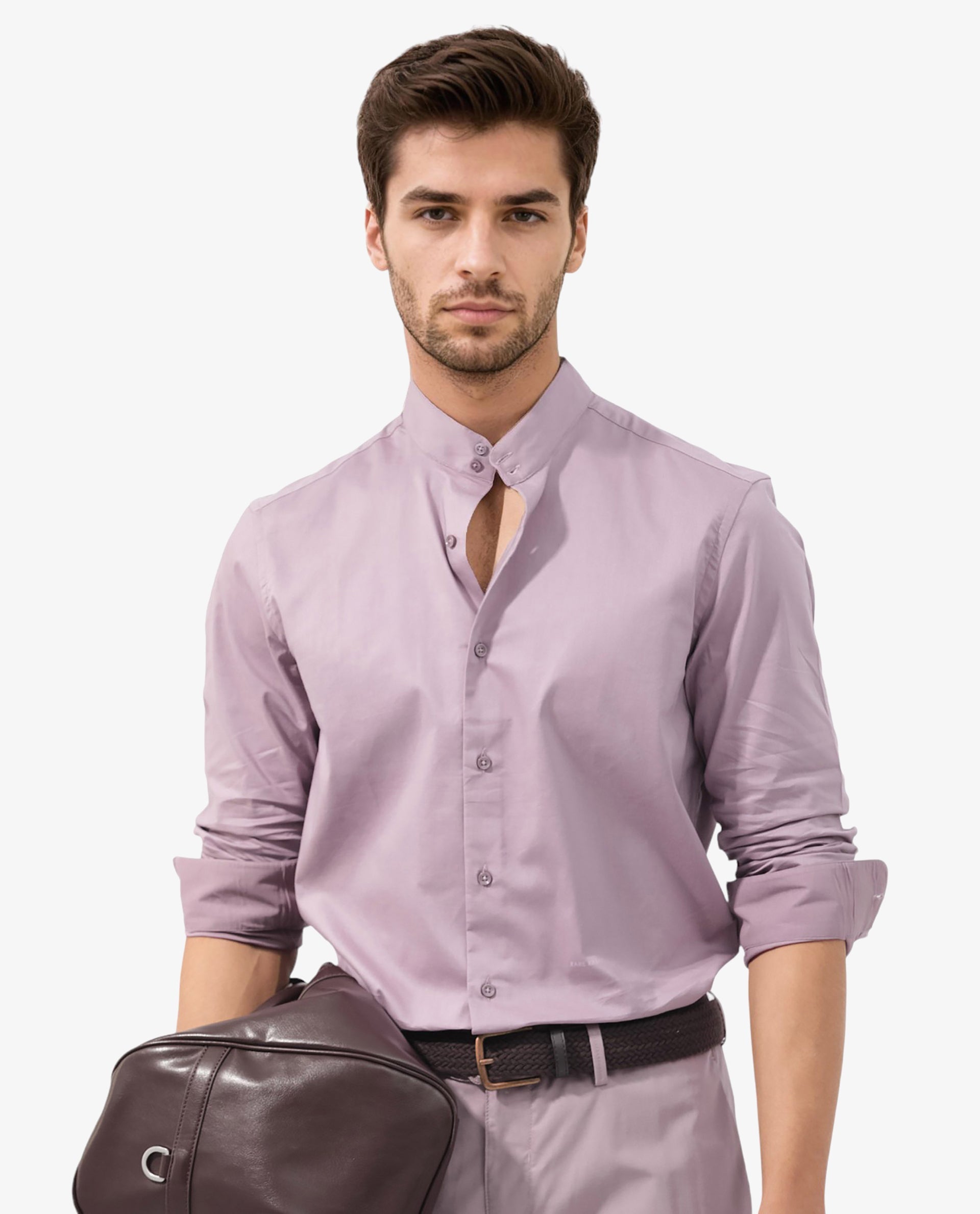 Rare Rabbit Men's Cox-3 Dusky Purple Cotton Polyester Fabric High Neck Mandarin Collar Full Sleeves Solid Shirt