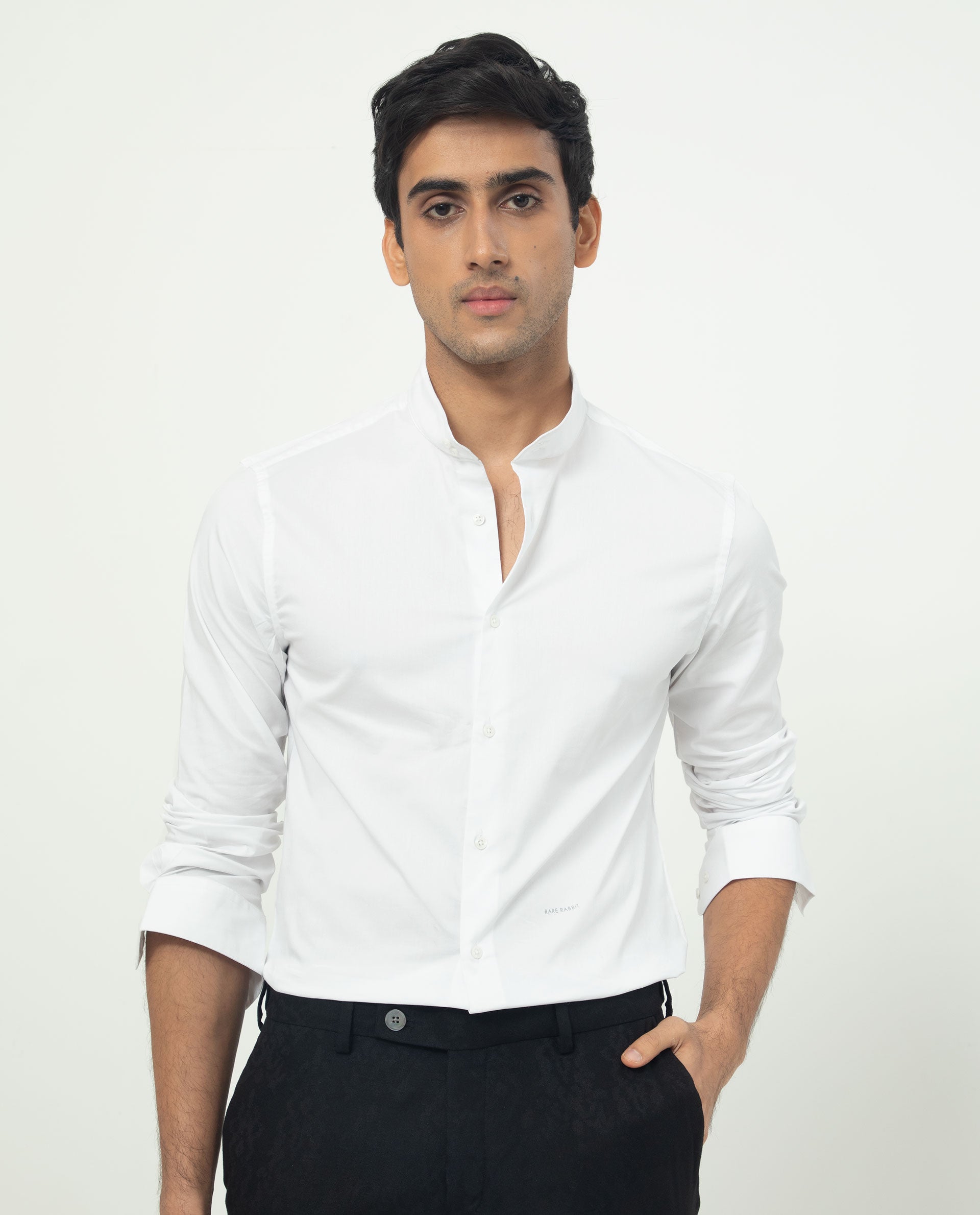 Rare Rabbit Men's Coxx Off-White Cotton Polyester Fabric High Neck Mandarin Collar Full Sleeves Solid Shirt