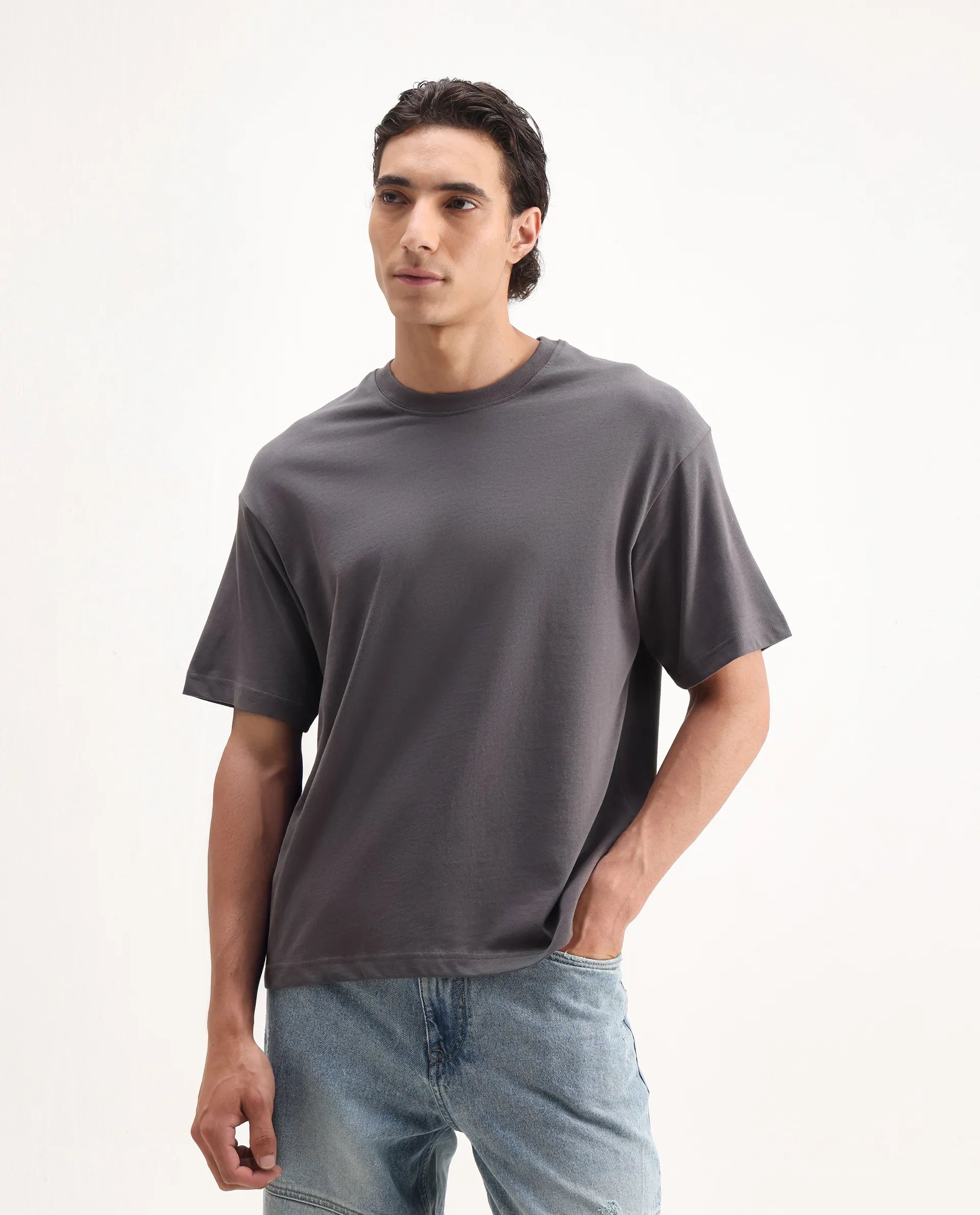 Rare Rabbit Men's Craft Dark Grey Cotton Embroidered Oversized Fit Half Sleeve Crew Neck T-Shirt