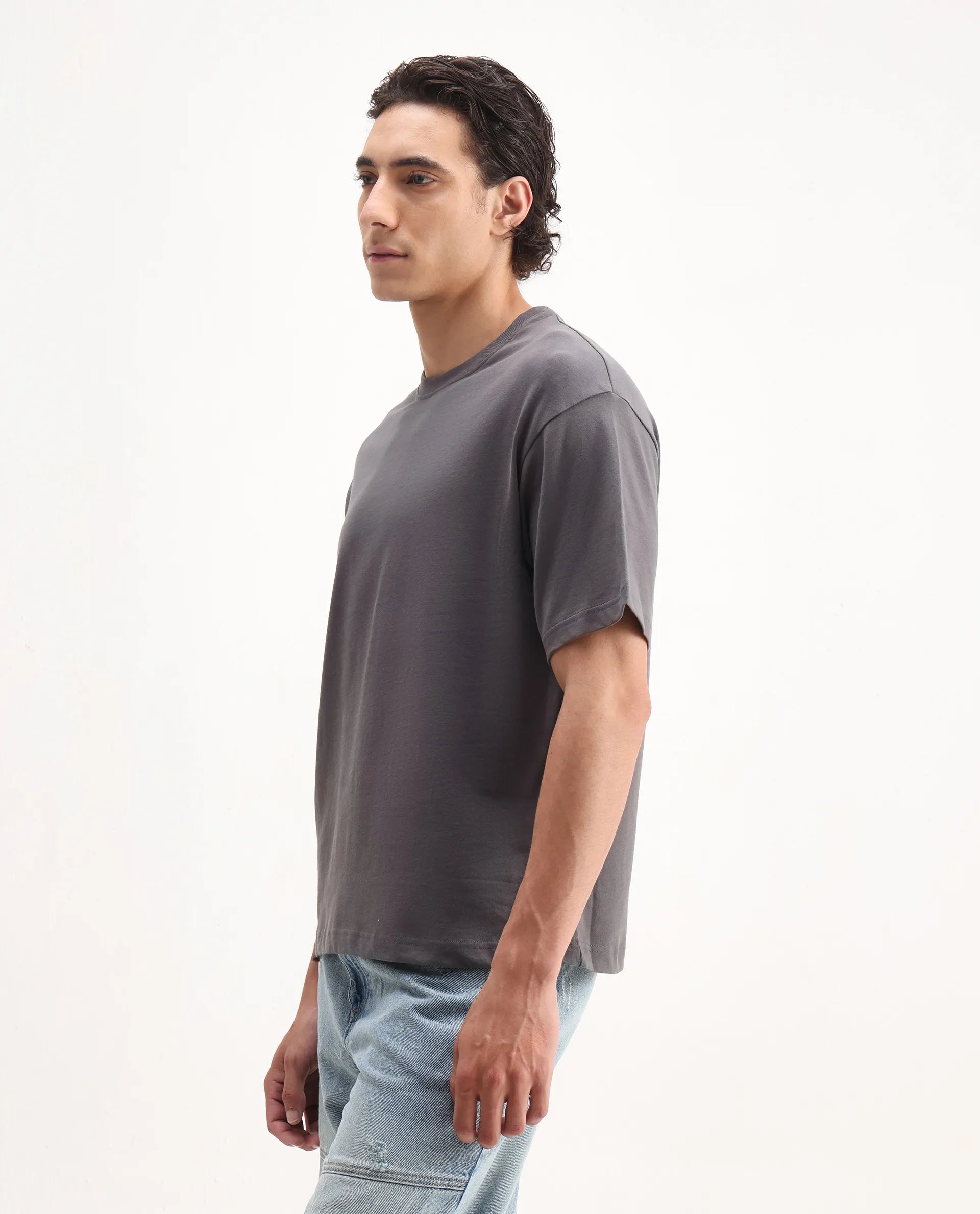 Rare Rabbit Men's Craft Dark Grey Cotton Embroidered Oversized Fit Half Sleeve Crew Neck T-Shirt