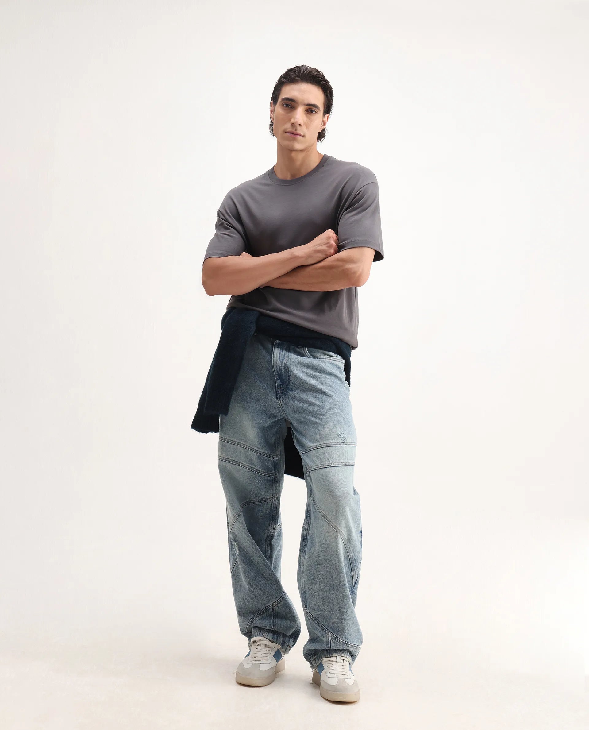 Rare Rabbit Men's Craft Dark Grey Cotton Embroidered Oversized Fit Half Sleeve Crew Neck T-Shirt