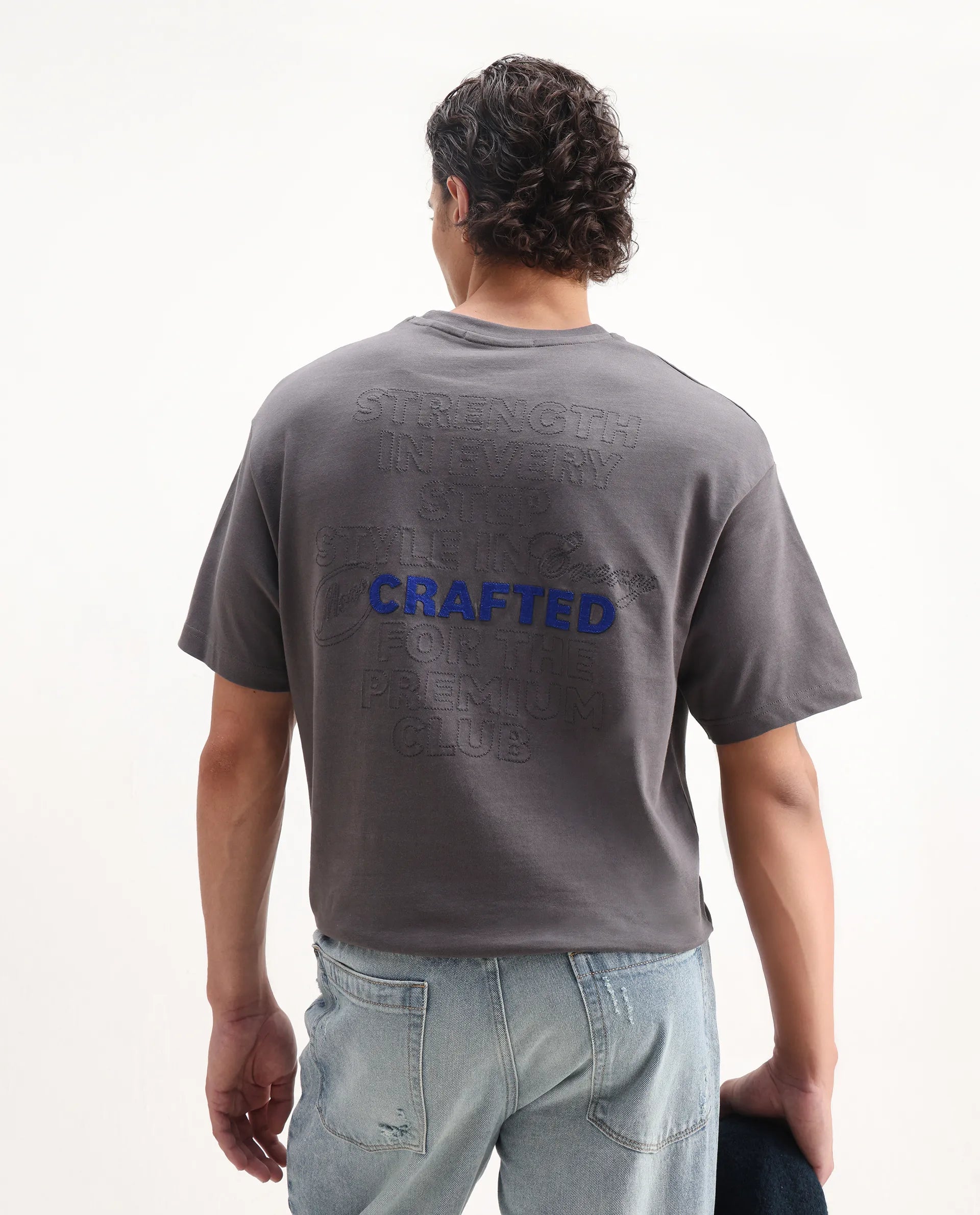 Rare Rabbit Men's Craft Dark Grey Cotton Embroidered Oversized Fit Half Sleeve Crew Neck T-Shirt