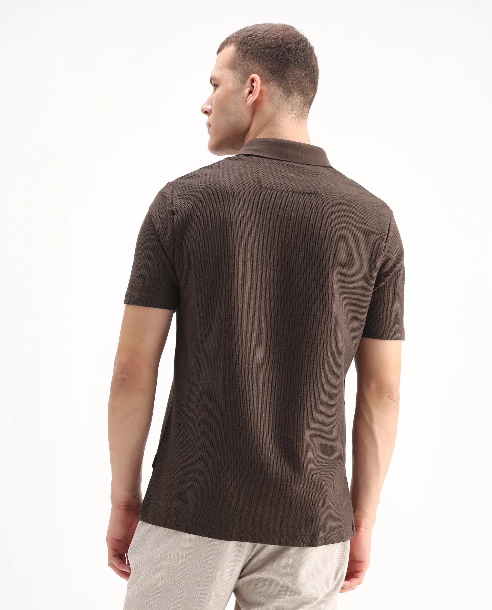 Rare Rabbit Men's Crin Brown Cotton Plain Regular Fit Half Sleeve Polo