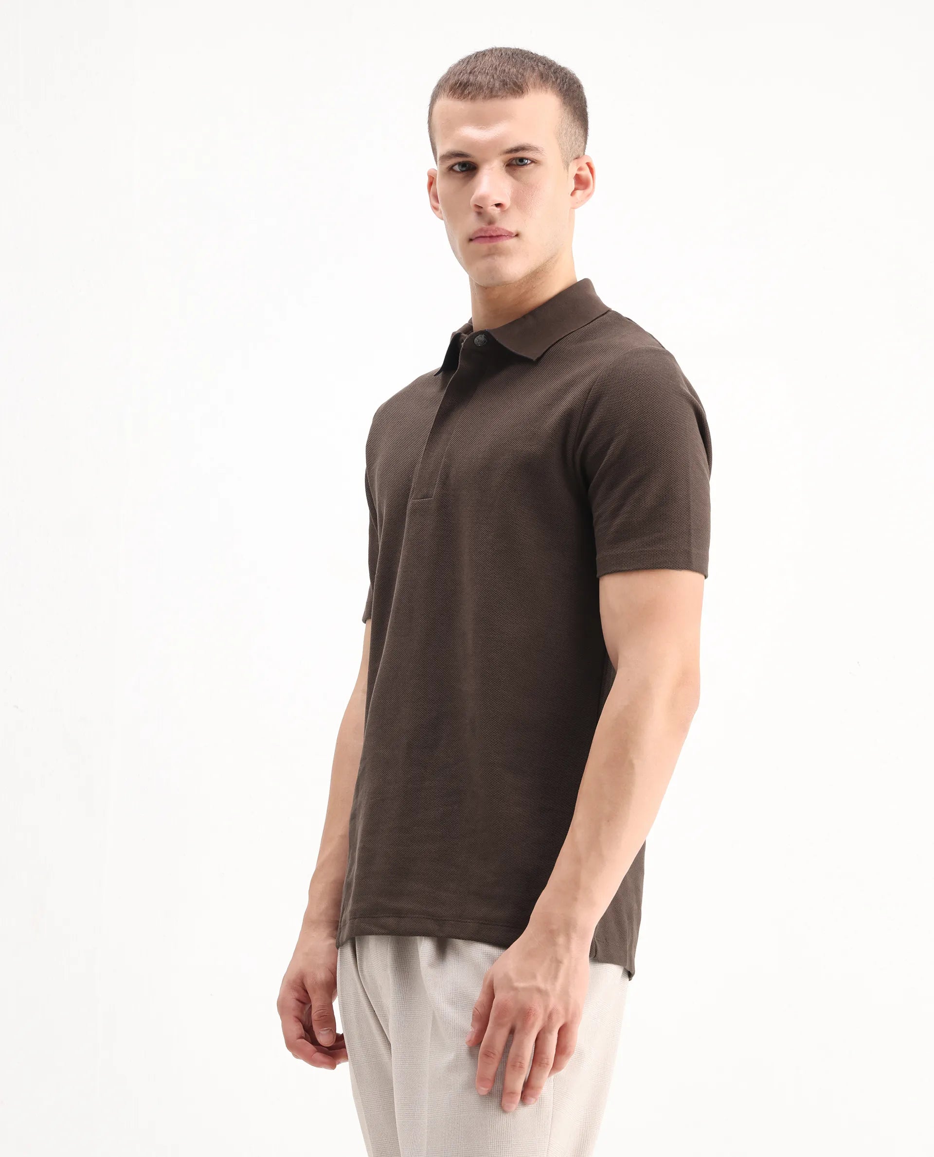 Rare Rabbit Men's Crin Brown Cotton Plain Regular Fit Half Sleeve Polo