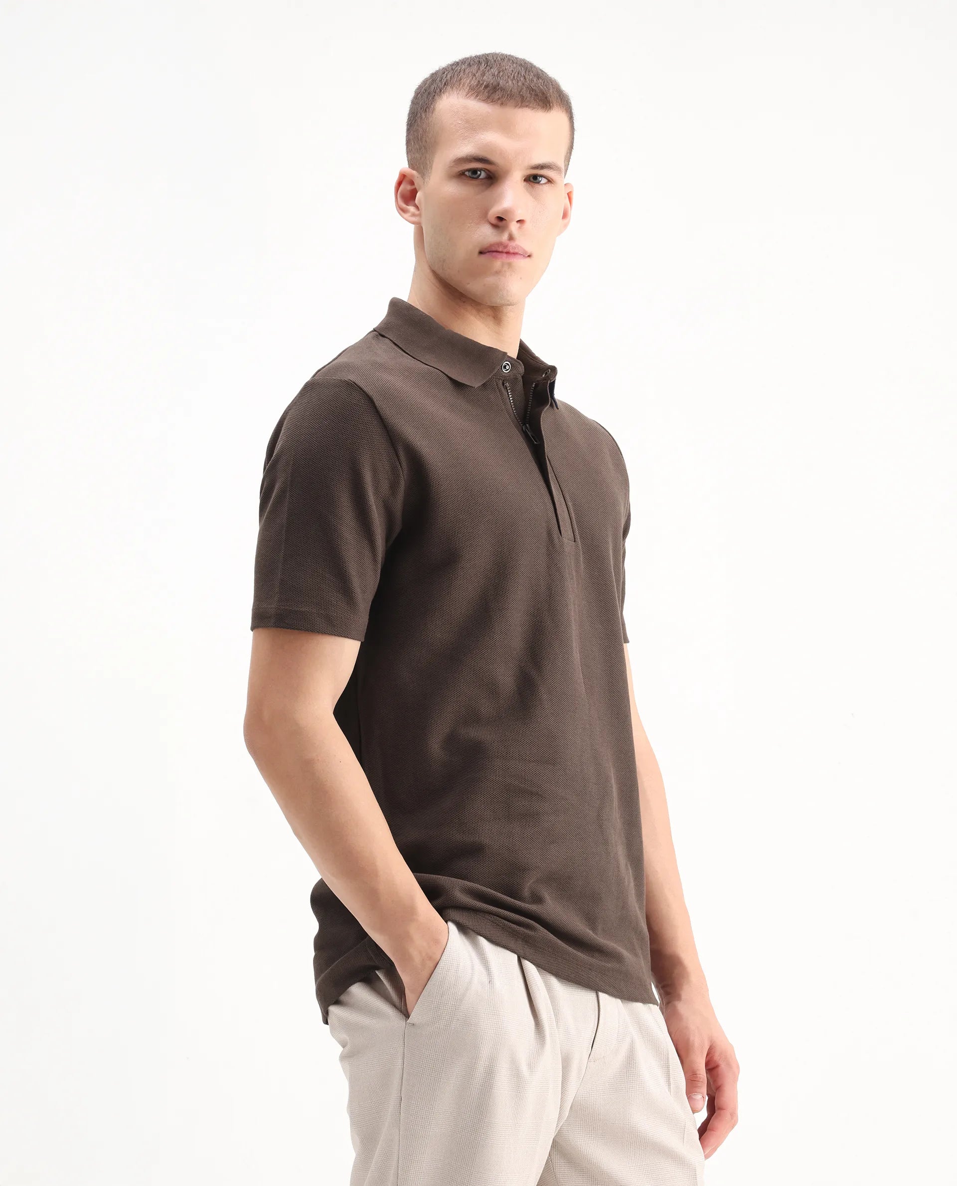 Rare Rabbit Men's Crin Brown Cotton Plain Regular Fit Half Sleeve Polo