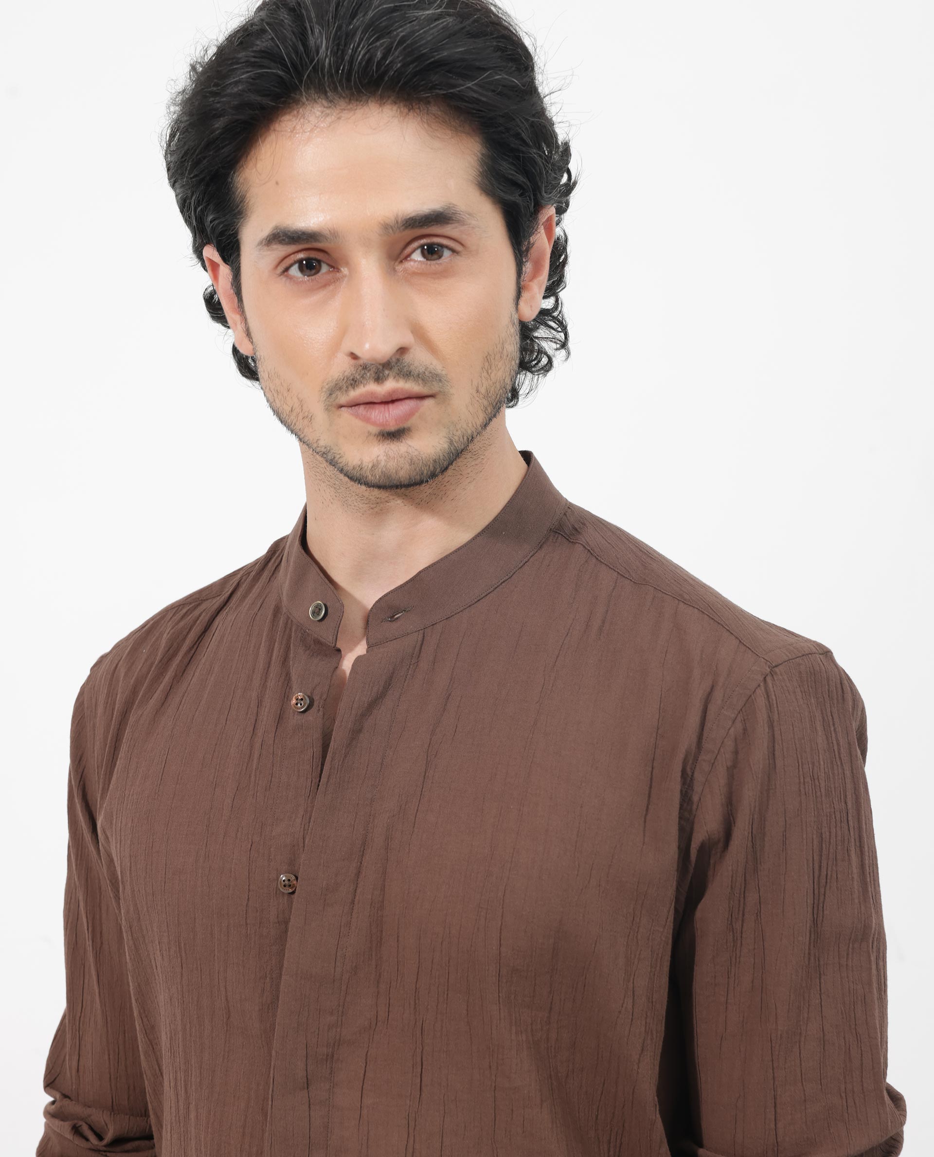 Rare Rabbit Men's Crinkle LS Brown Cotton Fabric Mandarin Collar Full Sleeves Solid Crinkle Effect Solid Shirt