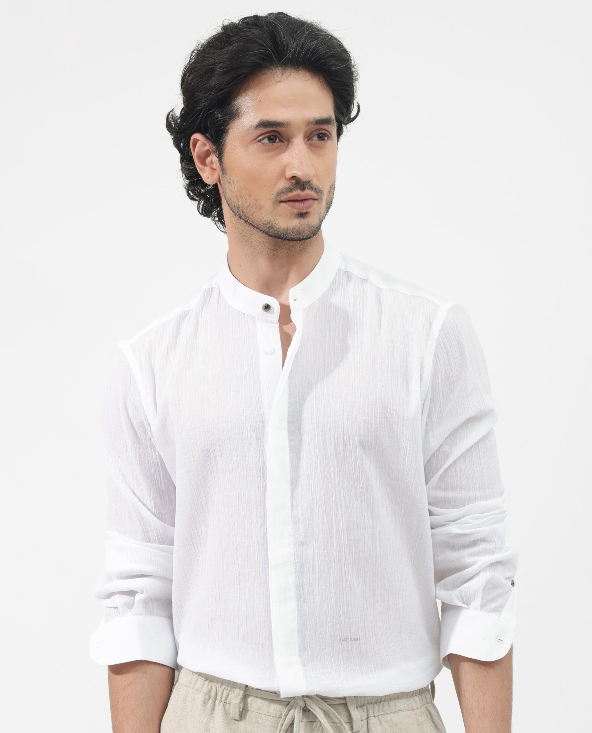 Rare Rabbit Men's Crinkle LS White Cotton Fabric Mandarin Collar Full Sleeves Solid Crinkle Effect Shirt