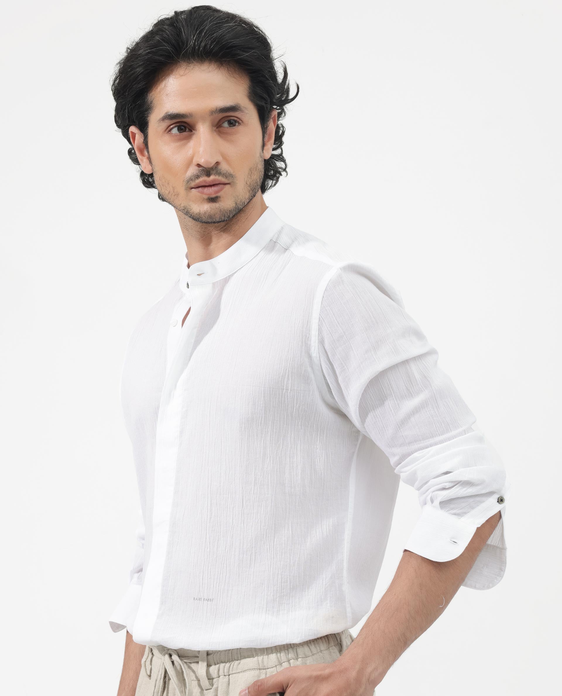 Rare Rabbit Men's Crinkle LS White Cotton Fabric Mandarin Collar Full Sleeves Solid Crinkle Effect Shirt