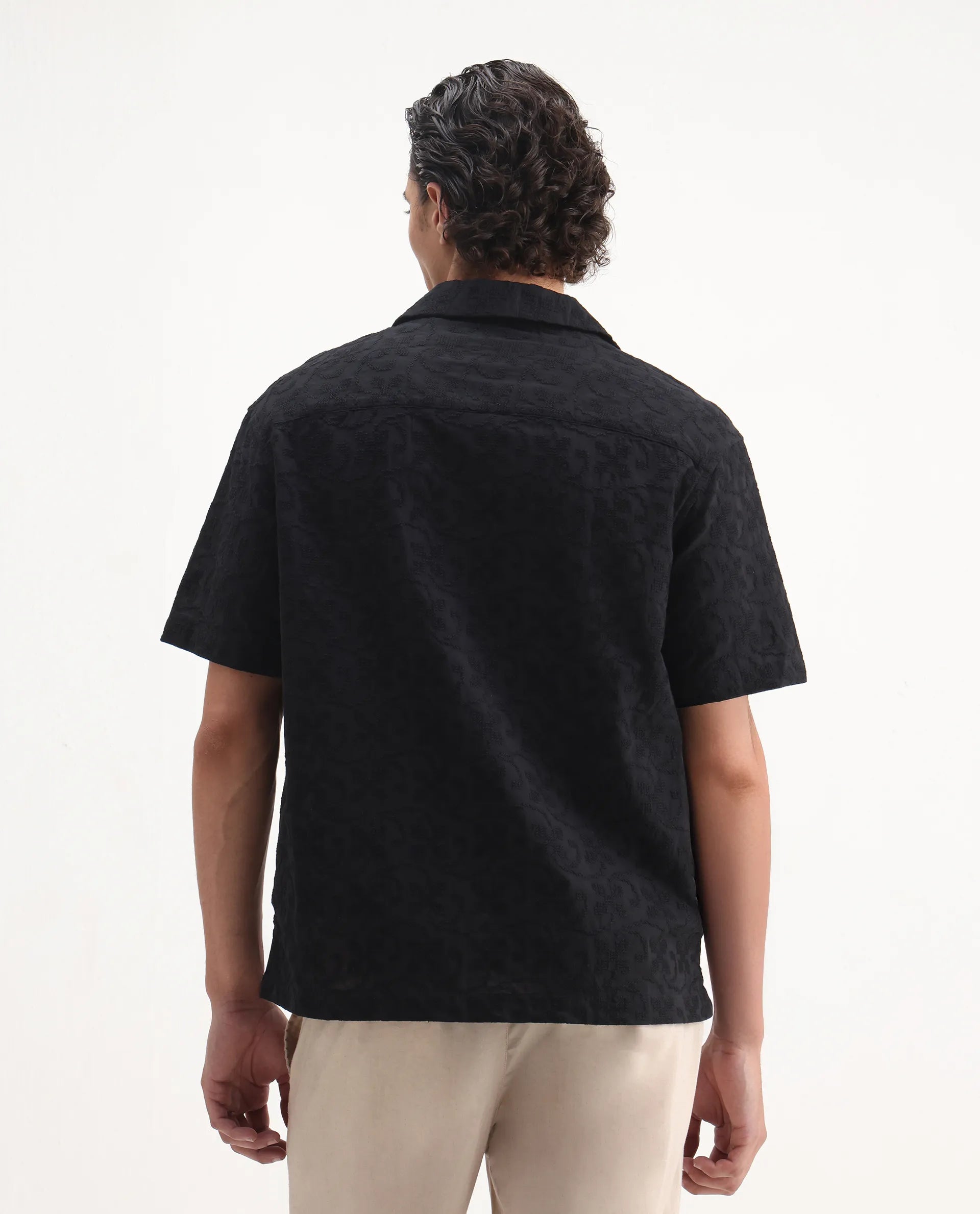 Rare Rabbit Men's Crof Black Cotton Embroidered Boxy Fit Half Sleeve Collared Shirt
