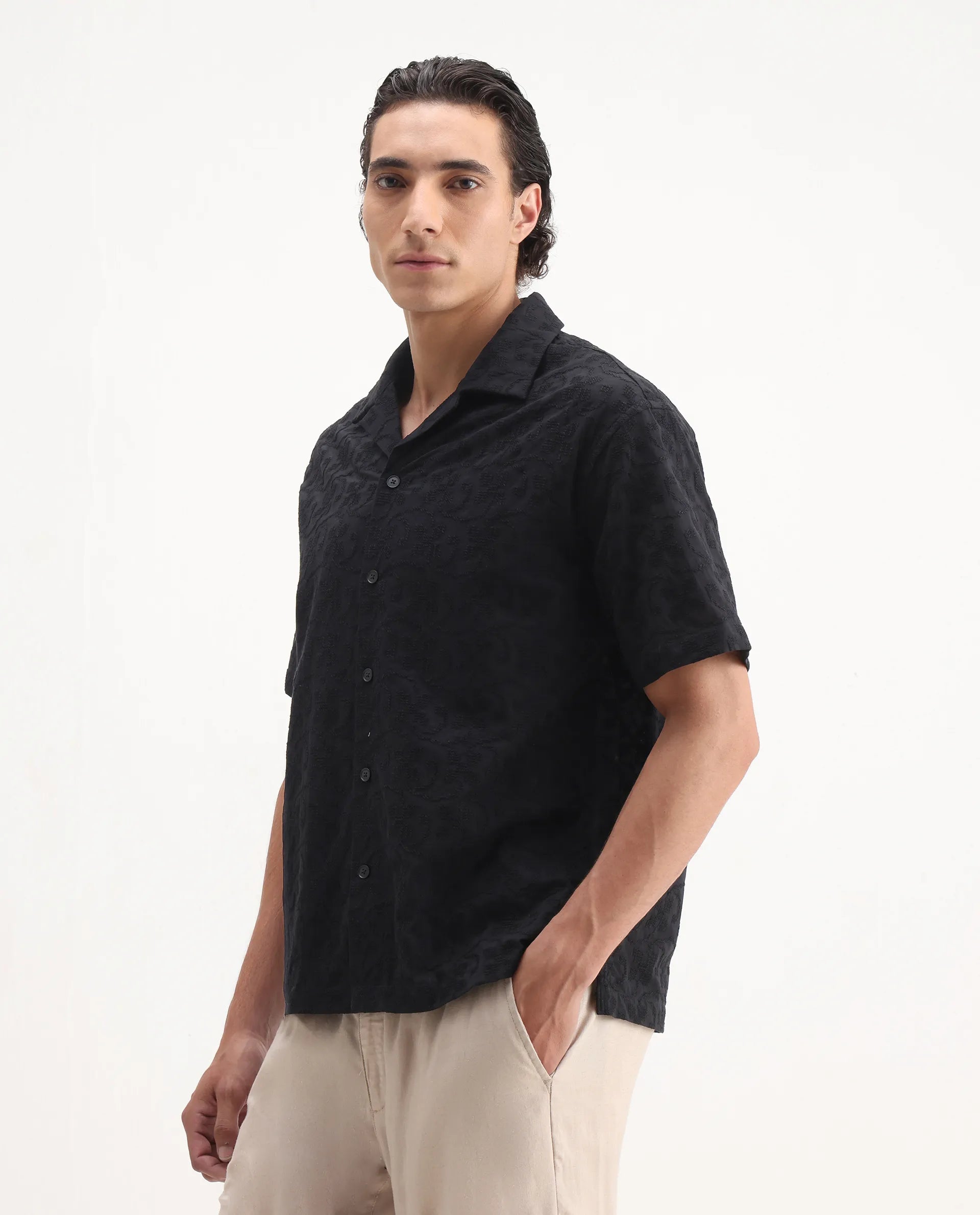 Rare Rabbit Men's Crof Black Cotton Embroidered Boxy Fit Half Sleeve Collared Shirt