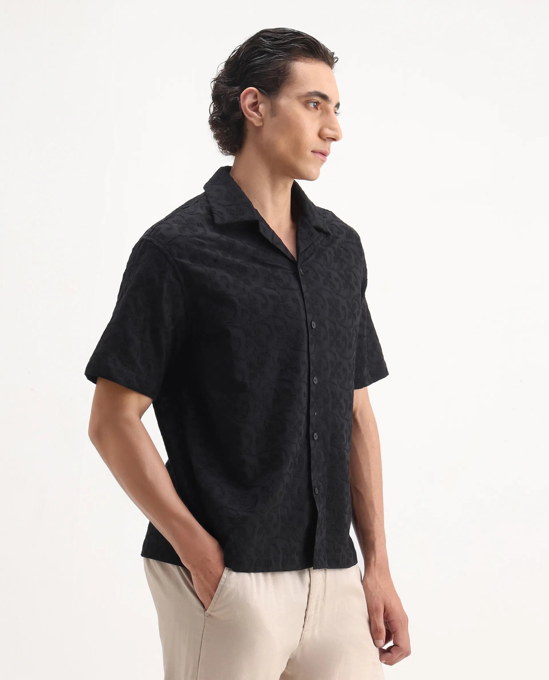 Rare Rabbit Men's Crof Black Cotton Embroidered Boxy Fit Half Sleeve Collared Shirt