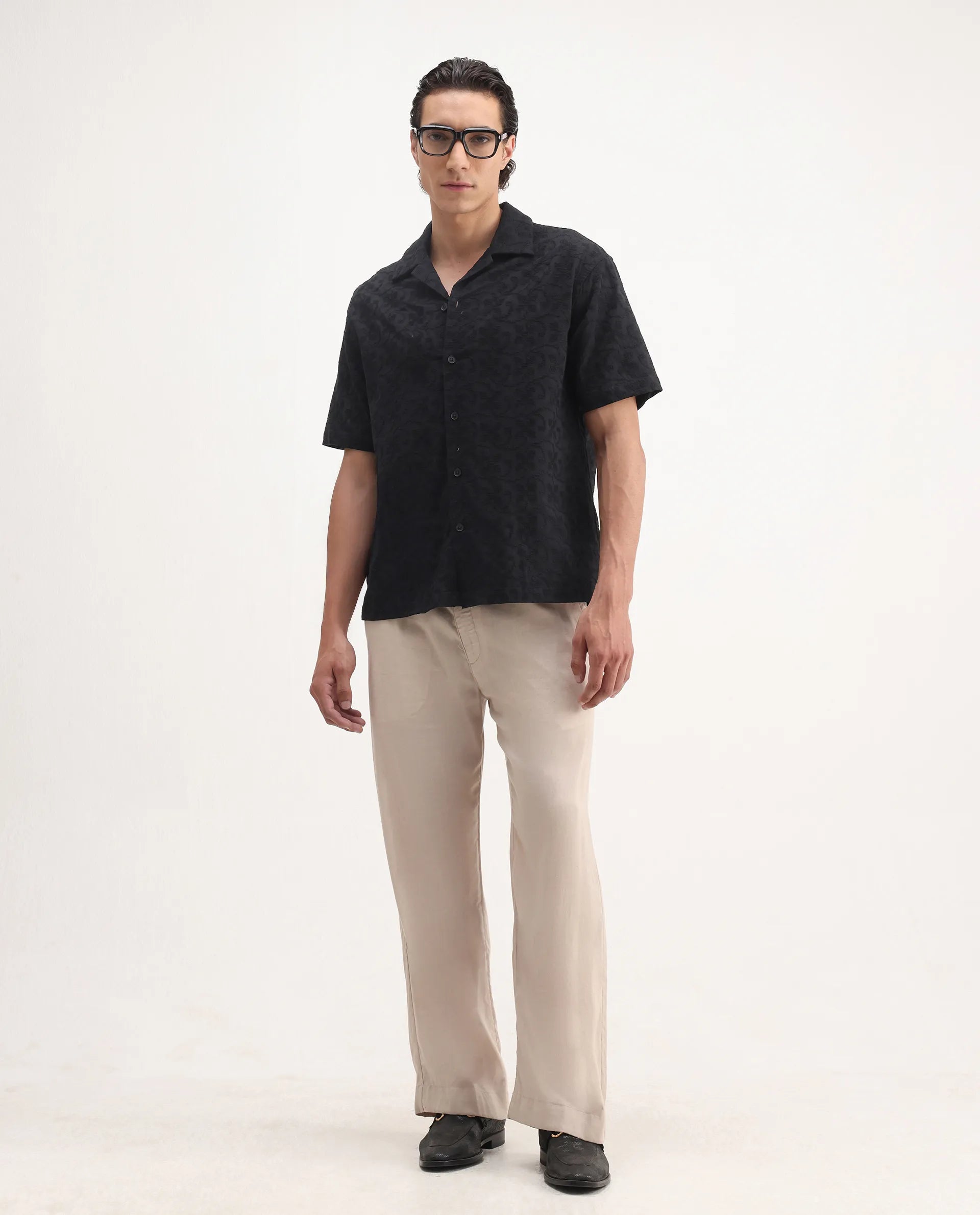 Rare Rabbit Men's Crof Black Cotton Embroidered Boxy Fit Half Sleeve Collared Shirt