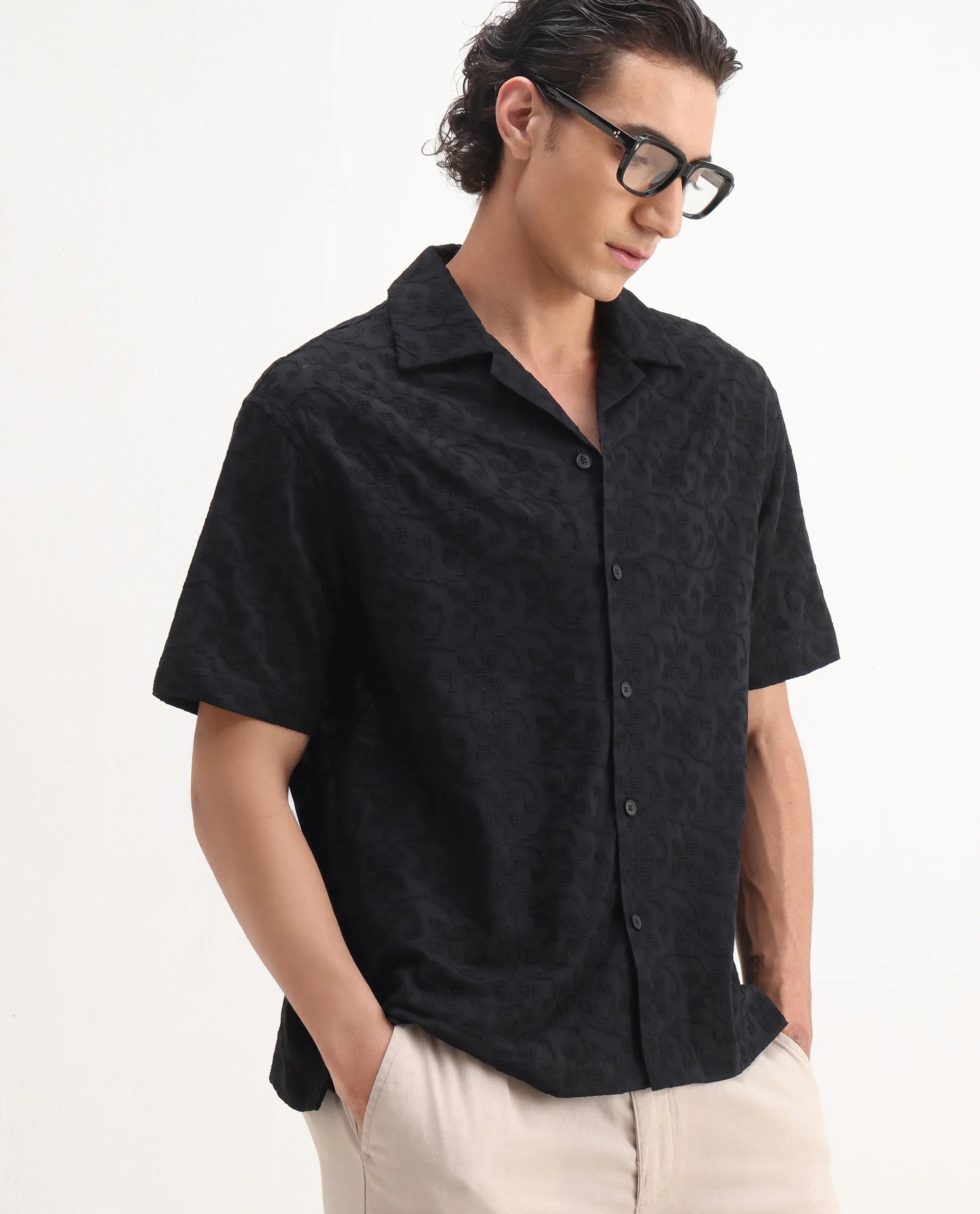 Rare Rabbit Men's Crof Black Cotton Embroidered Boxy Fit Half Sleeve Collared Shirt