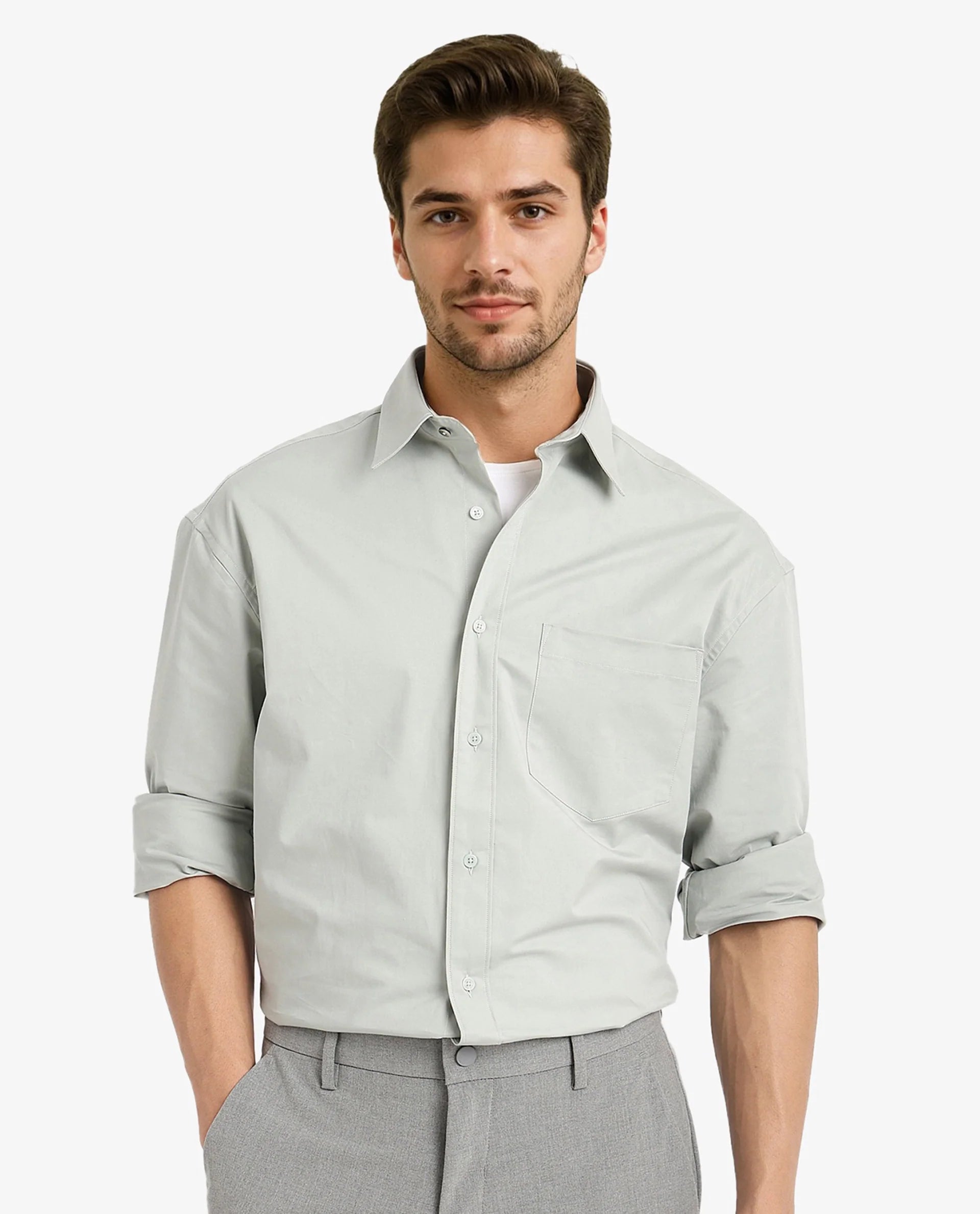 Rare Rabbit Men's Crofty Dusky Green Cotton Lycra Fabric Full Sleeves Collared Neck Regular Fit Plain Shirt