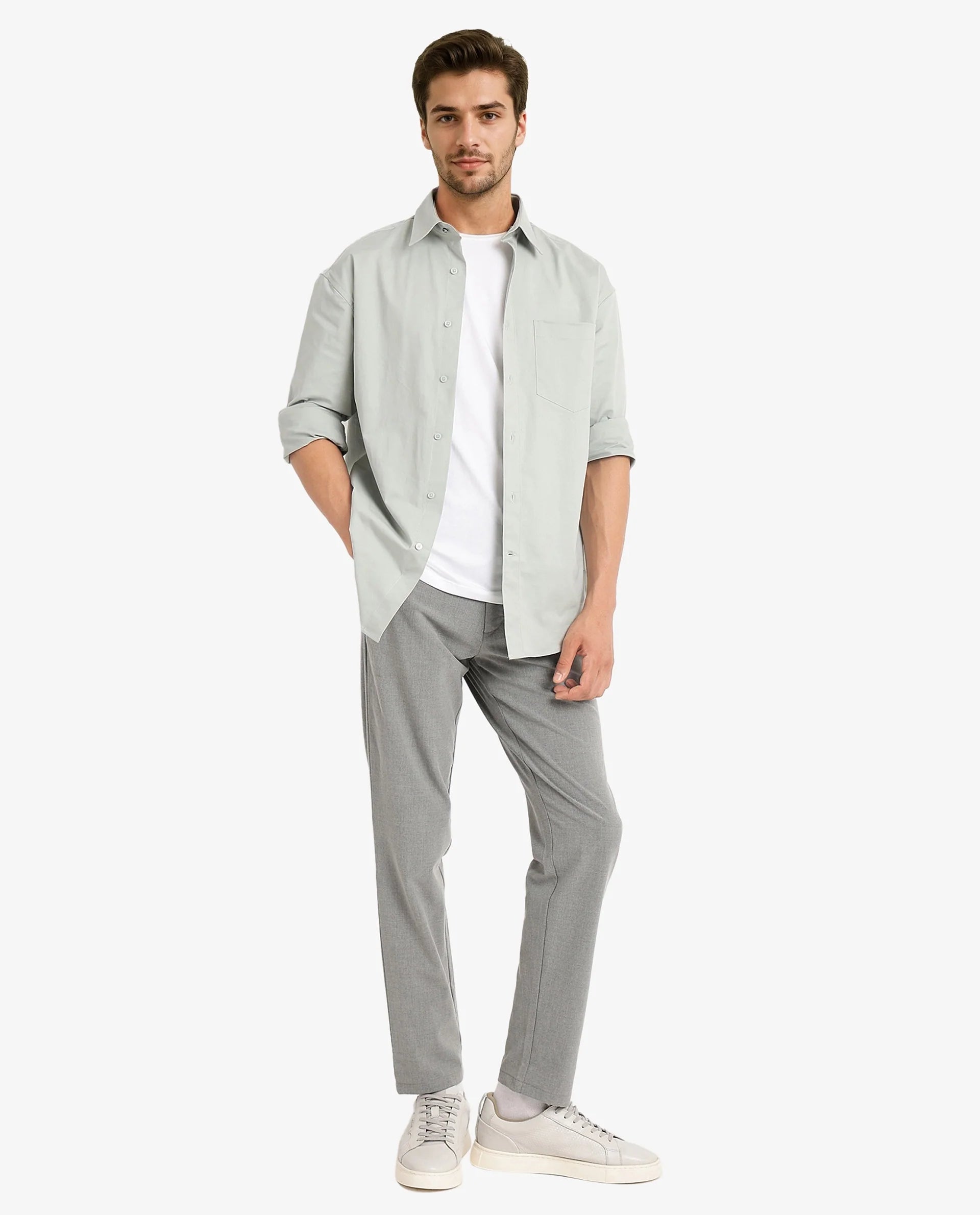 Rare Rabbit Men's Crofty Dusky Green Cotton Lycra Fabric Full Sleeves Collared Neck Regular Fit Plain Shirt