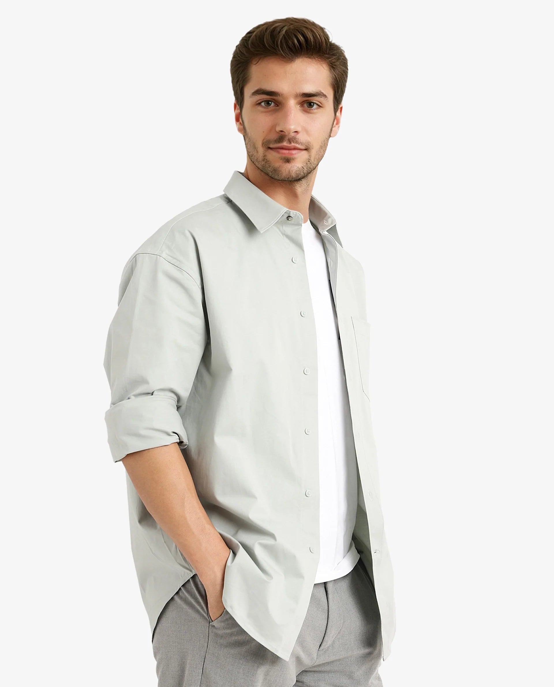 Rare Rabbit Men's Crofty Dusky Green Cotton Lycra Fabric Full Sleeves Collared Neck Regular Fit Plain Shirt