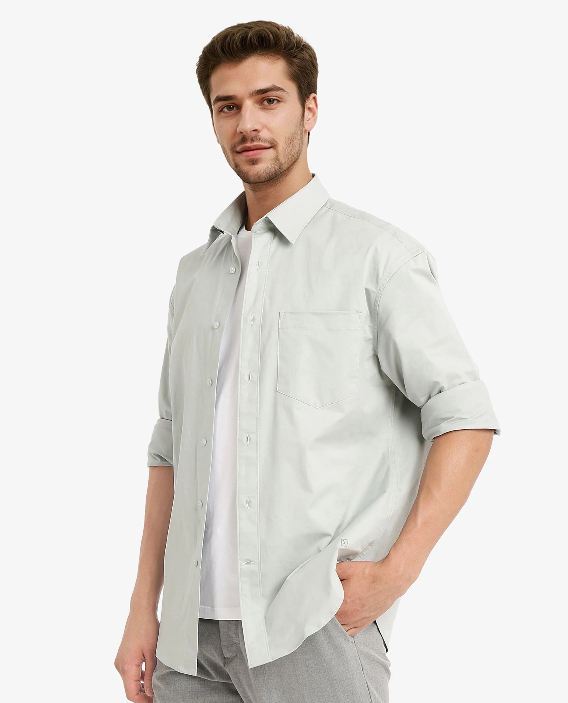 Rare Rabbit Men's Crofty Dusky Green Cotton Lycra Fabric Full Sleeves Collared Neck Regular Fit Plain Shirt