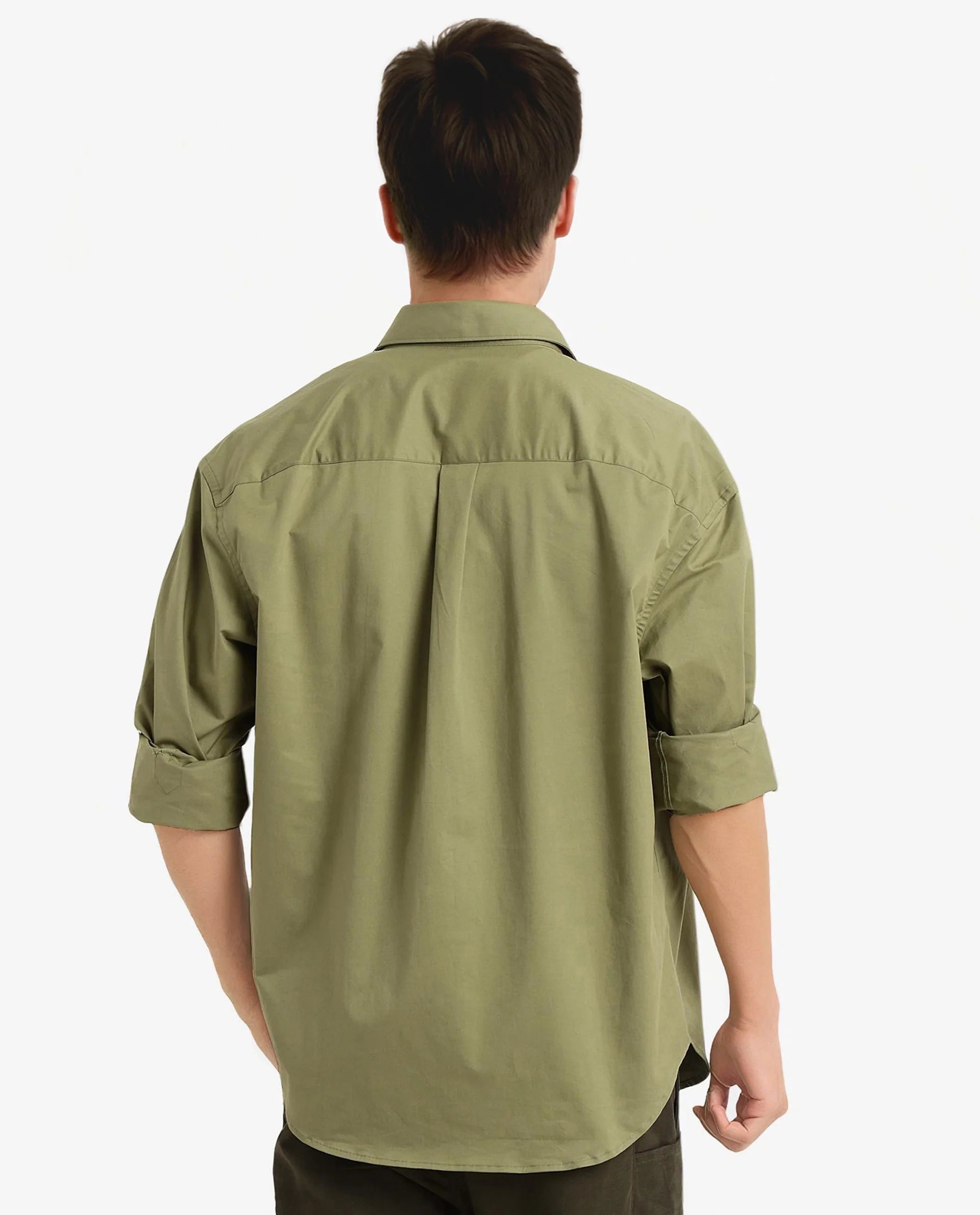 Rare Rabbit Men's Crofty Olive Cotton Lycra Fabric Full Sleeves Collared Neck Regular Fit Plain Shirt