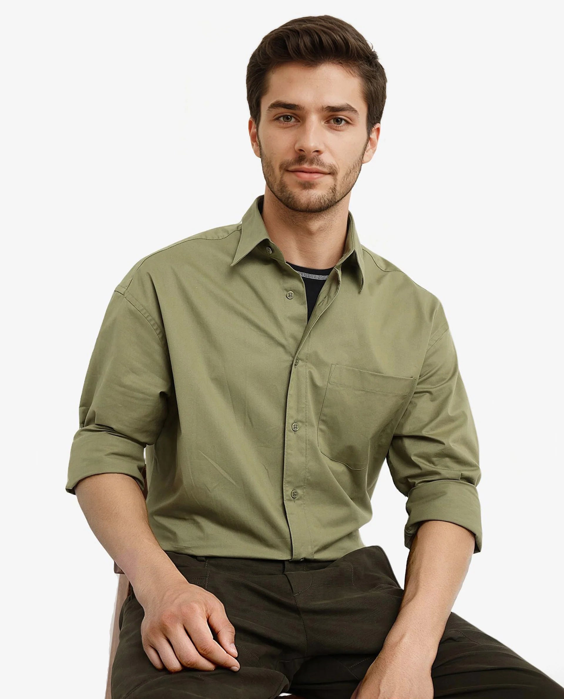 Rare Rabbit Men's Crofty Olive Cotton Lycra Fabric Full Sleeves Collared Neck Regular Fit Plain Shirt