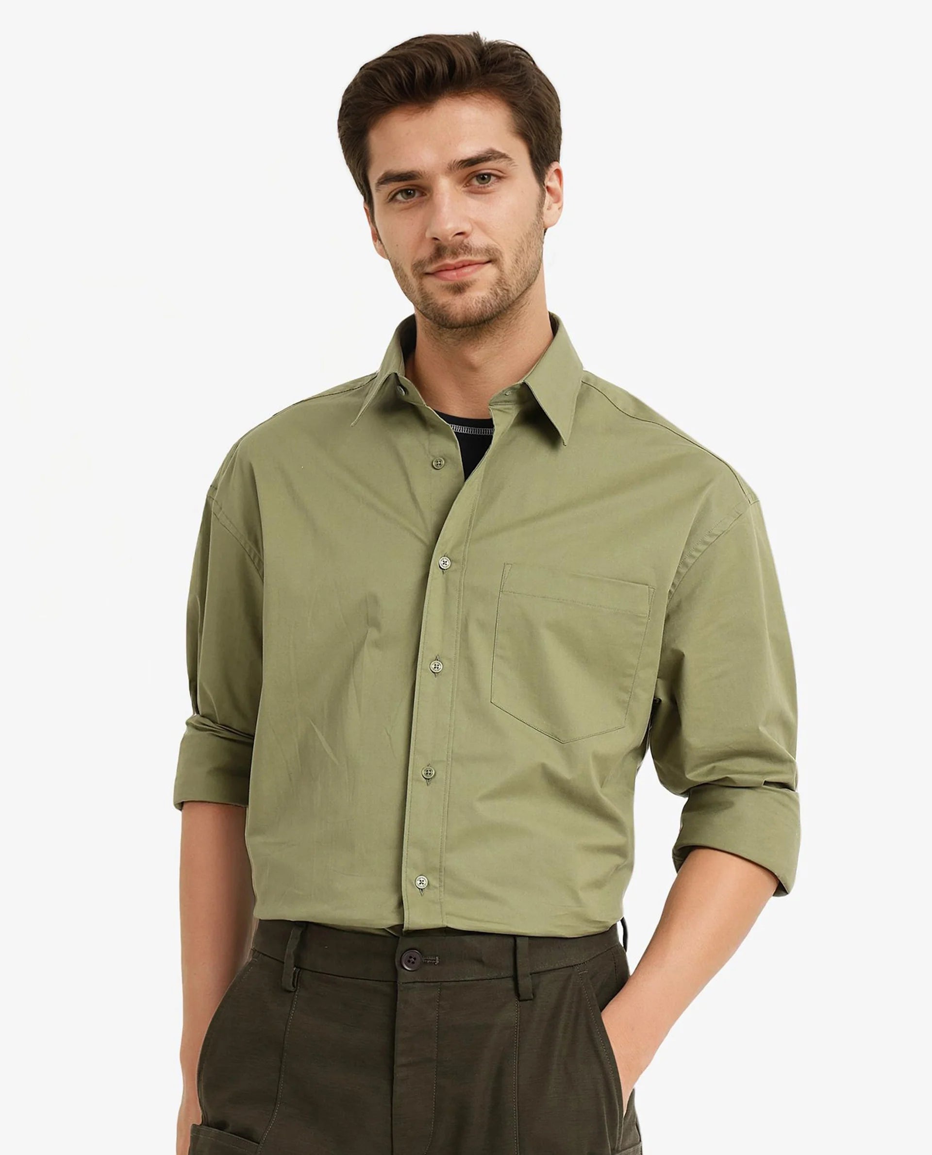 Rare Rabbit Men's Crofty Olive Cotton Lycra Fabric Full Sleeves Collared Neck Regular Fit Plain Shirt