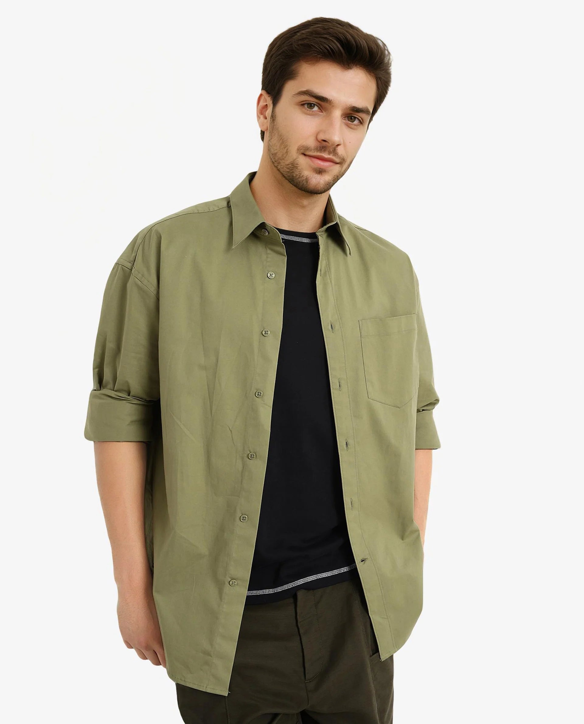 Rare Rabbit Men's Crofty Olive Cotton Lycra Fabric Full Sleeves Collared Neck Regular Fit Plain Shirt