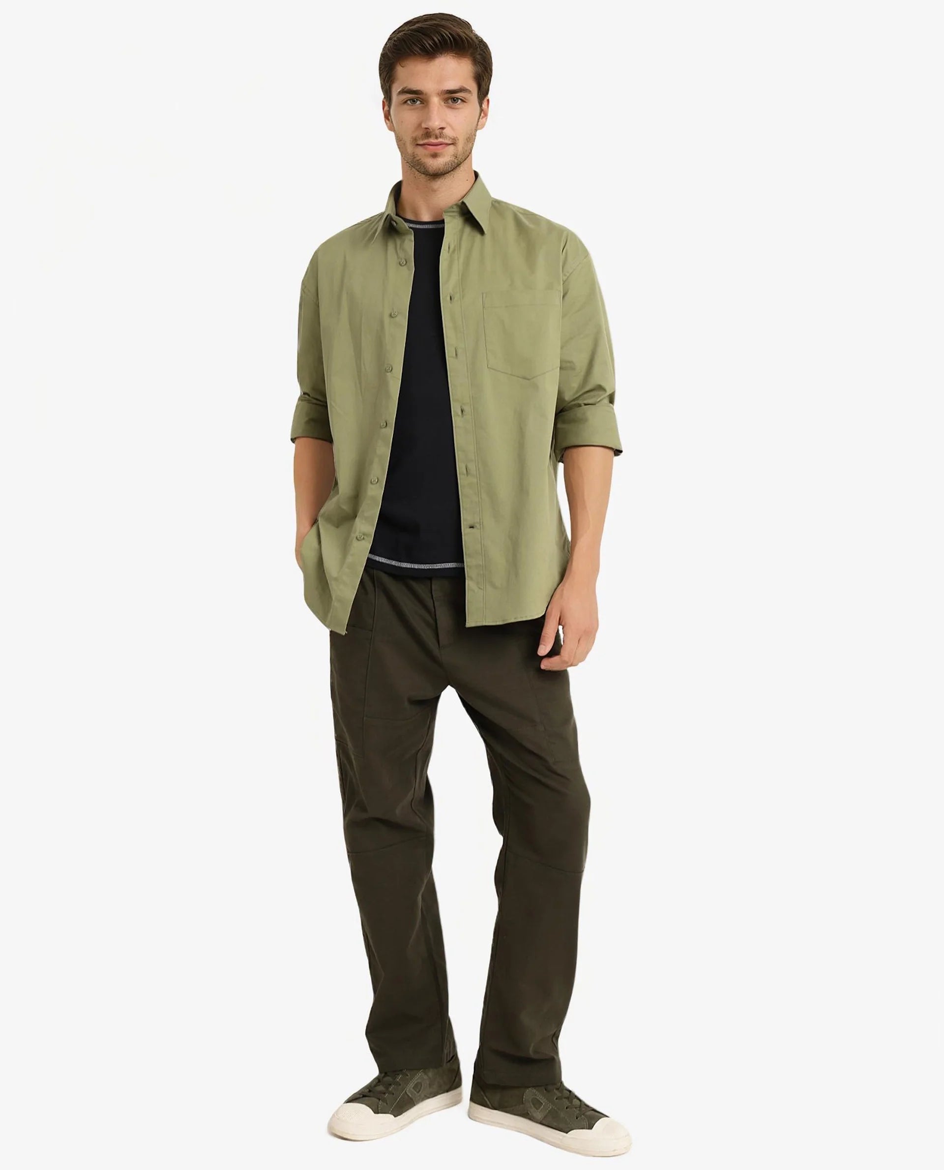 Rare Rabbit Men's Crofty Olive Cotton Lycra Fabric Full Sleeves Collared Neck Regular Fit Plain Shirt