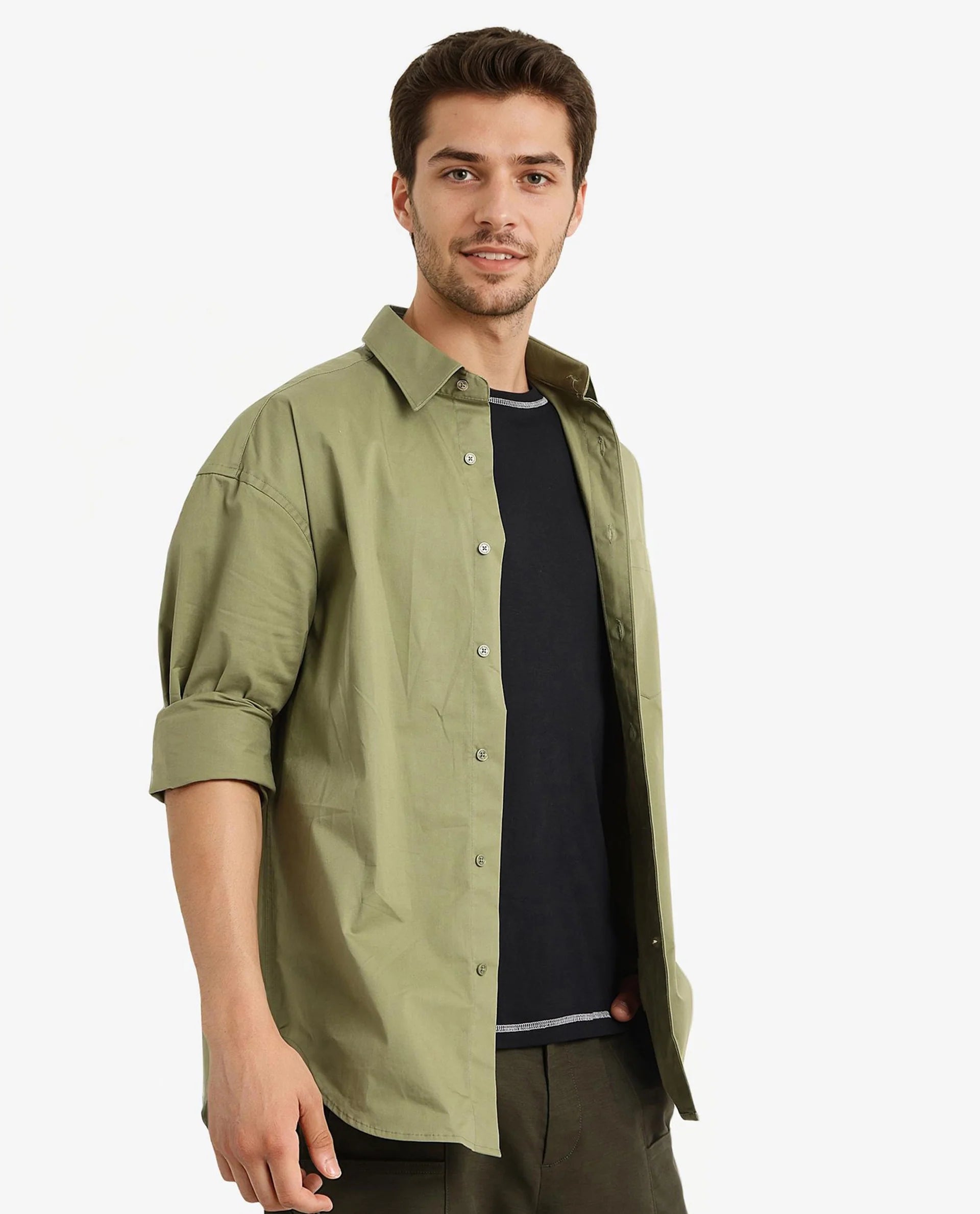 Rare Rabbit Men's Crofty Olive Cotton Lycra Fabric Full Sleeves Collared Neck Regular Fit Plain Shirt