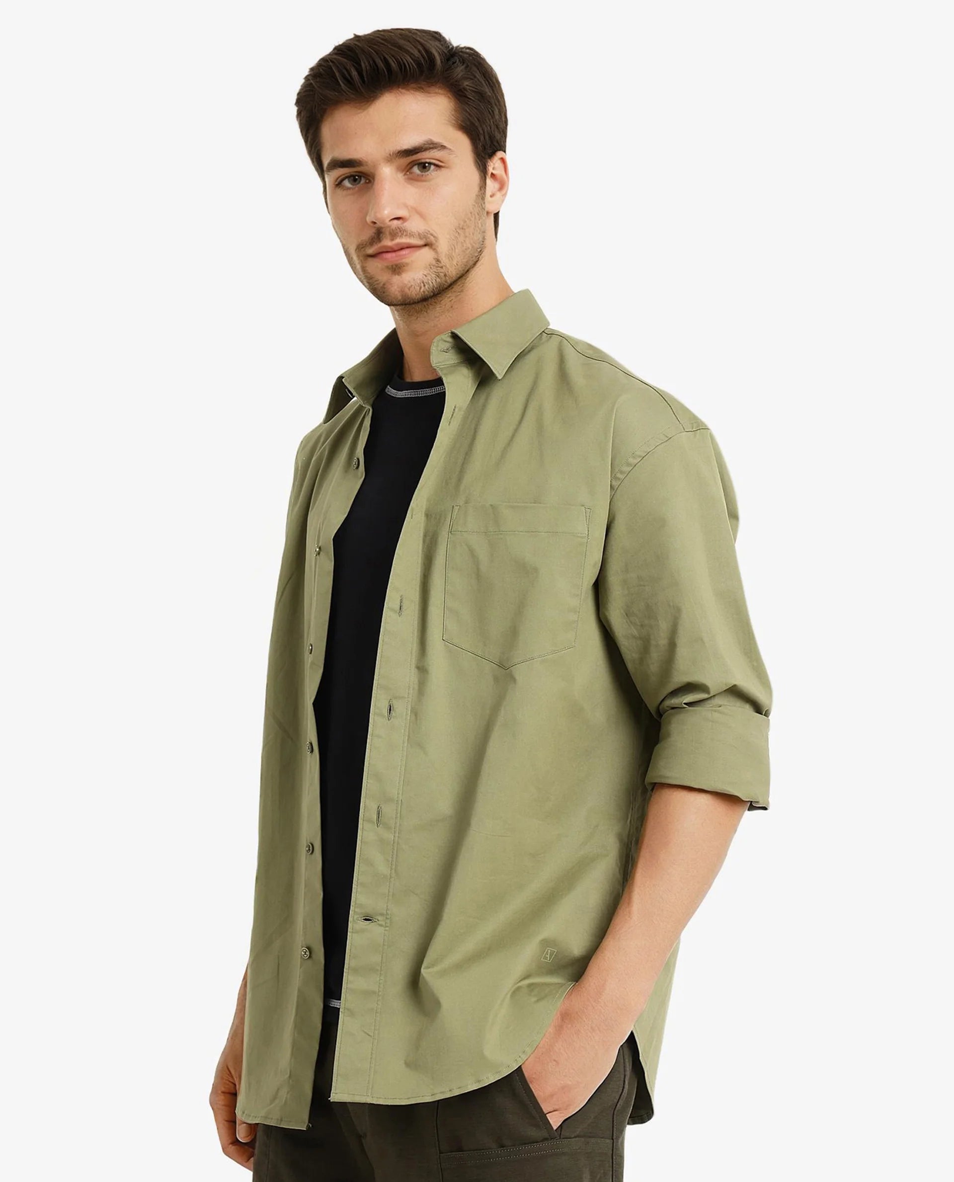 Rare Rabbit Men's Crofty Olive Cotton Lycra Fabric Full Sleeves Collared Neck Regular Fit Plain Shirt