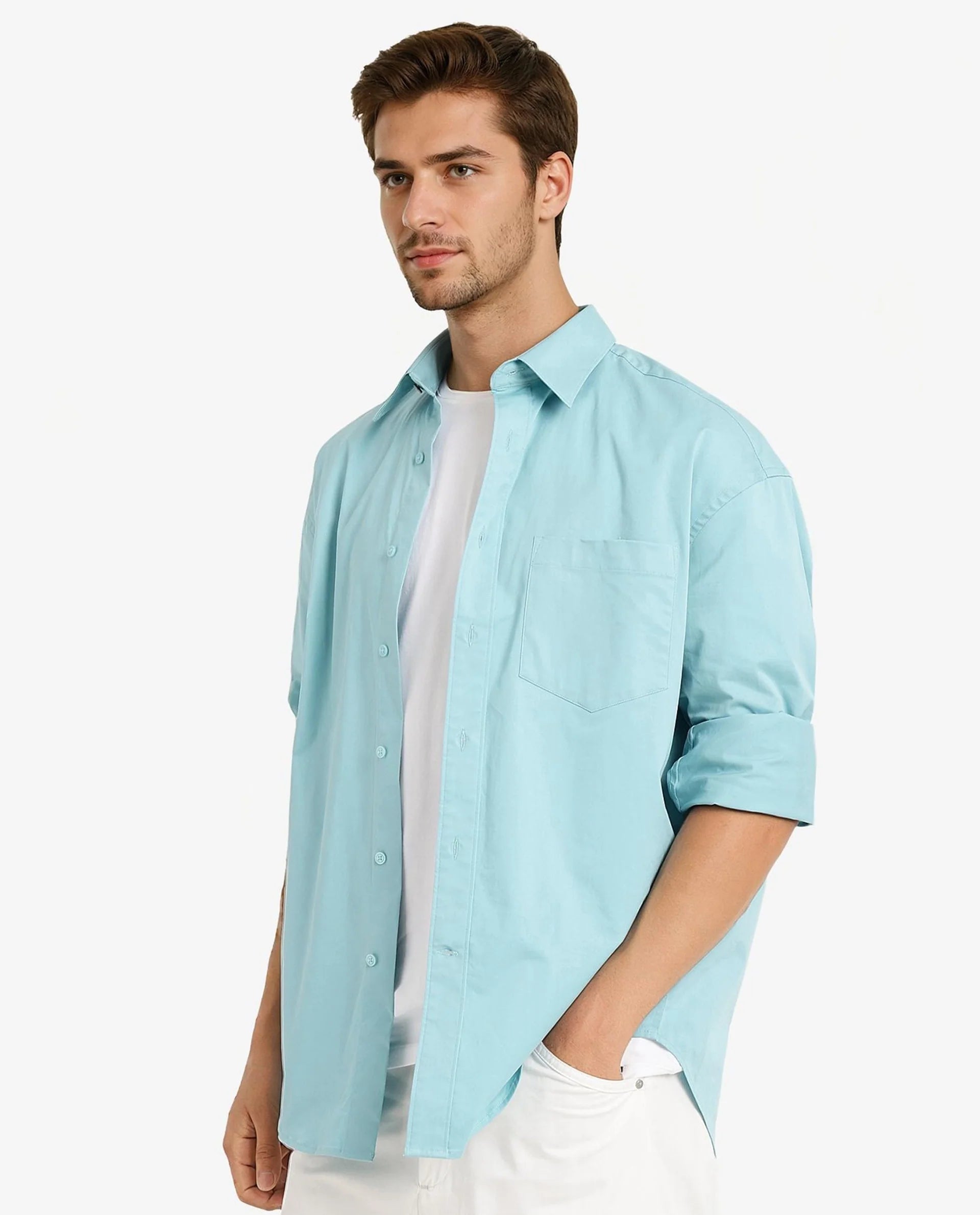 Rare Rabbit Men's Crofty Pastel Blue Cotton Lycra Fabric Full Sleeves Collared Neck Regular Fit Plain Shirt