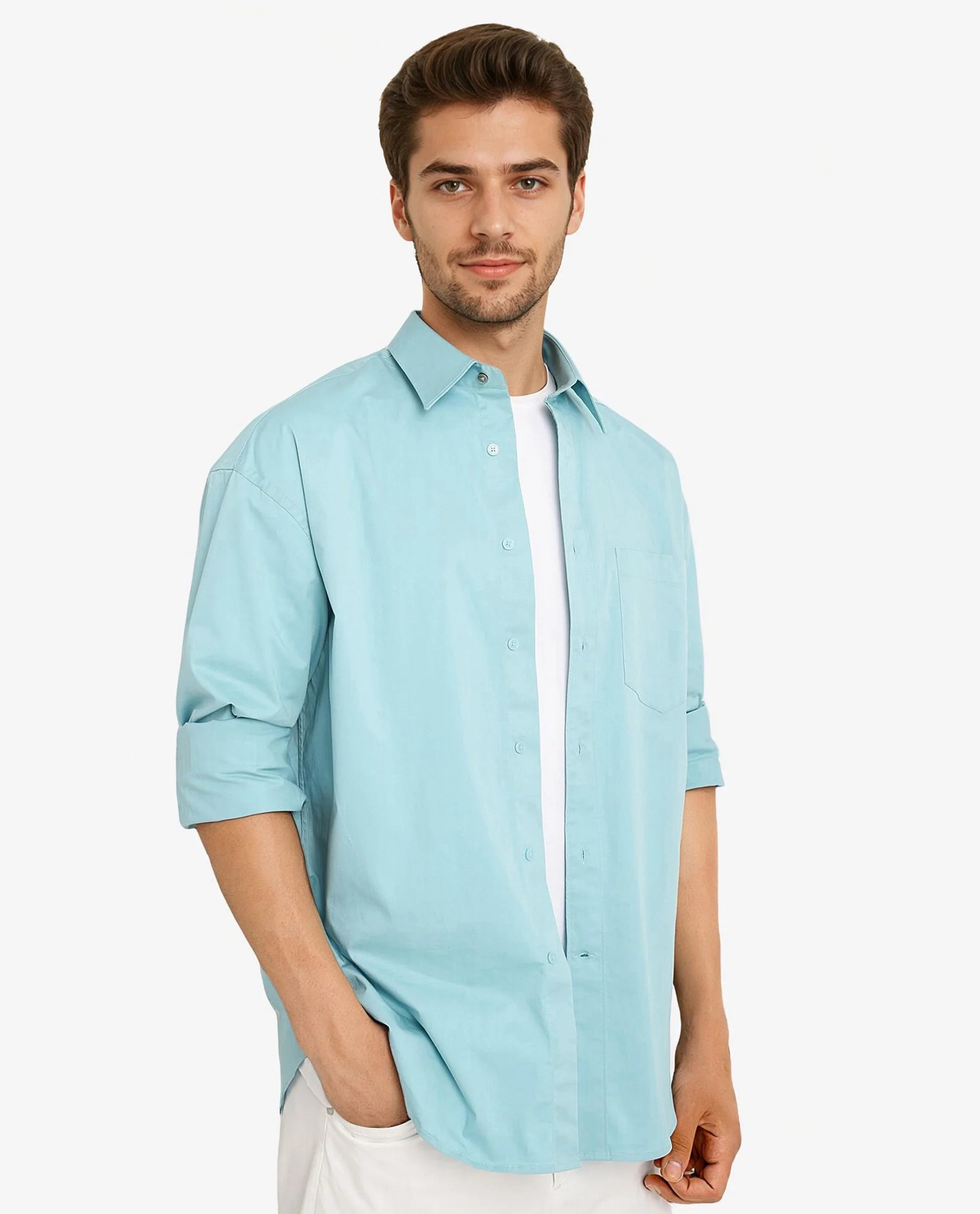 Rare Rabbit Men's Crofty Pastel Blue Cotton Lycra Fabric Full Sleeves Collared Neck Regular Fit Plain Shirt