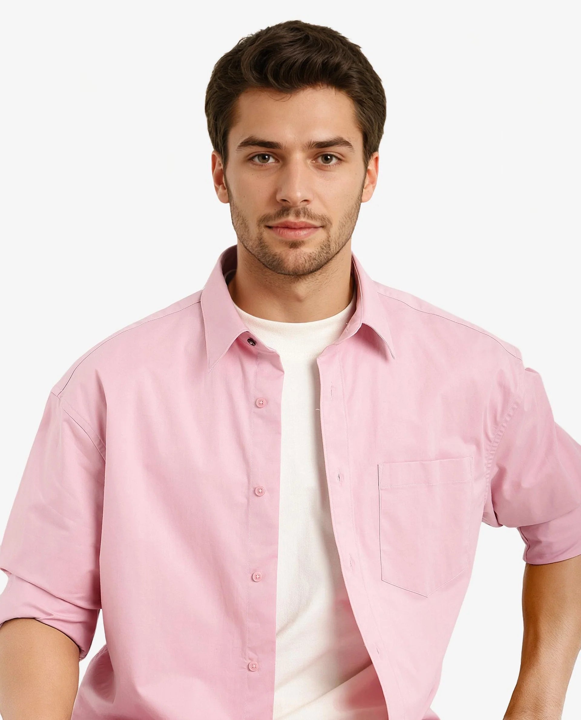 Rare Rabbit Men's Crofty Pastel Pink Cotton Lycra Fabric Full Sleeves Collared Neck Regular Fit Plain Shirt