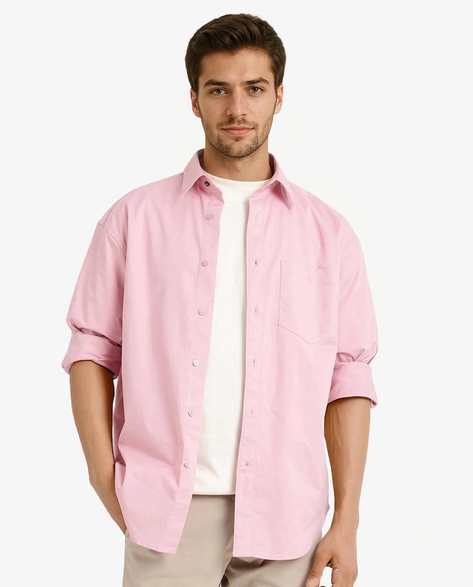 Rare Rabbit Men's Crofty Pastel Pink Cotton Lycra Fabric Full Sleeves Collared Neck Regular Fit Plain Shirt