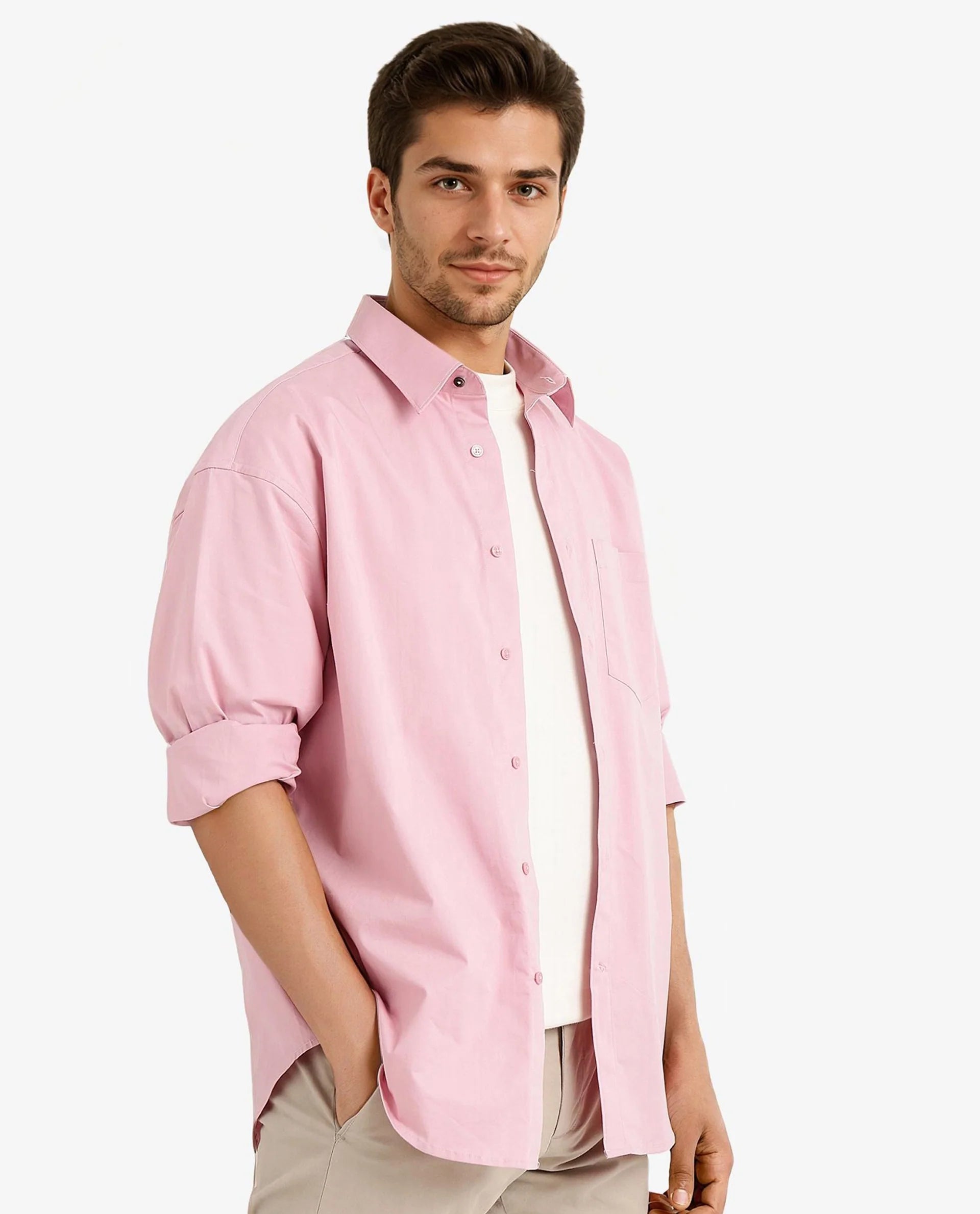 Rare Rabbit Men's Crofty Pastel Pink Cotton Lycra Fabric Full Sleeves Collared Neck Regular Fit Plain Shirt