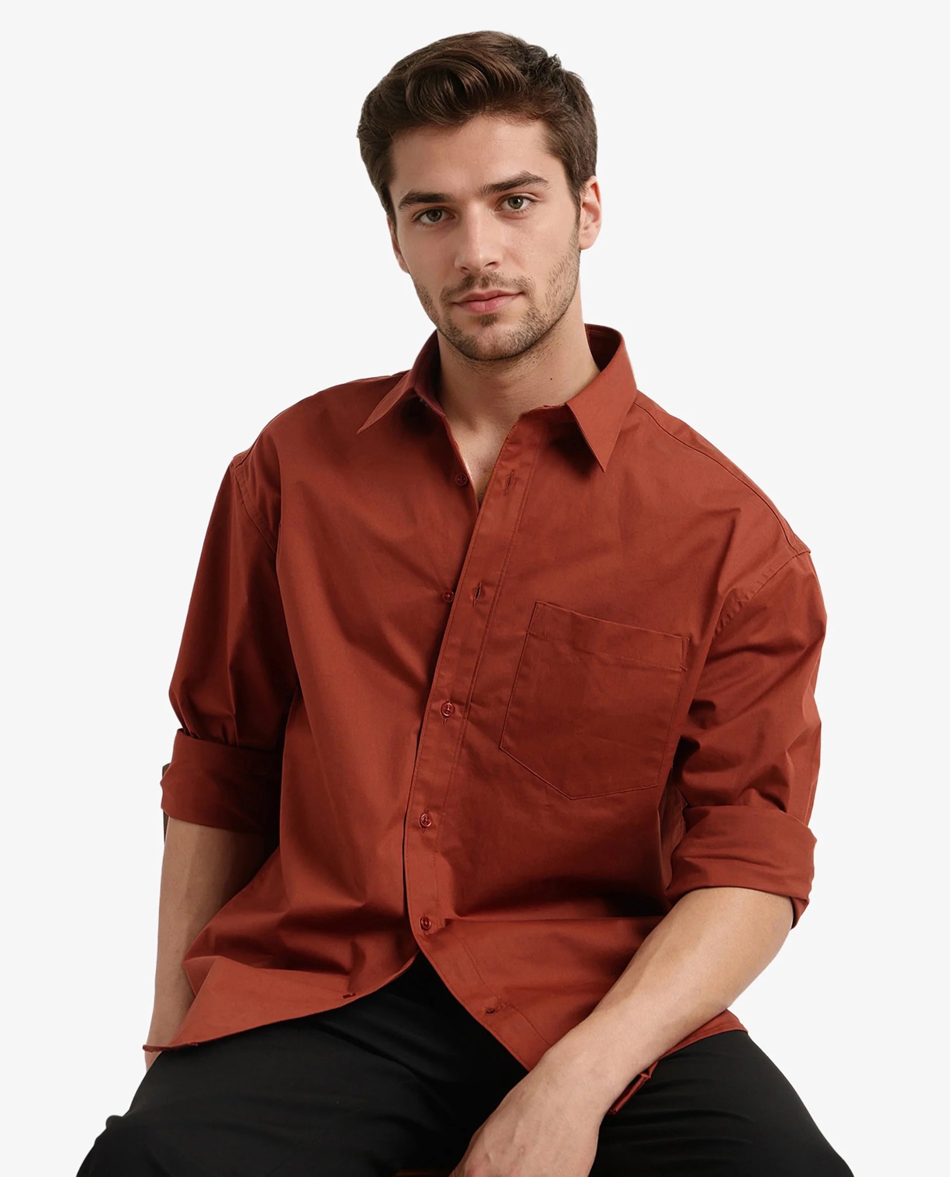 Rare Rabbit Men's Crofty Rust Cotton Lycra Fabric Full Sleeves Collared Neck Regular Fit Plain Shirt