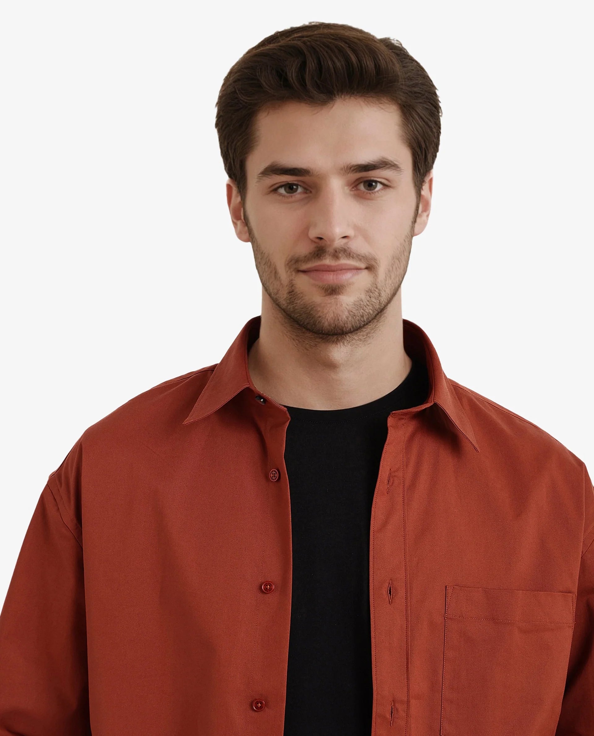 Rare Rabbit Men's Crofty Rust Cotton Lycra Fabric Full Sleeves Collared Neck Regular Fit Plain Shirt