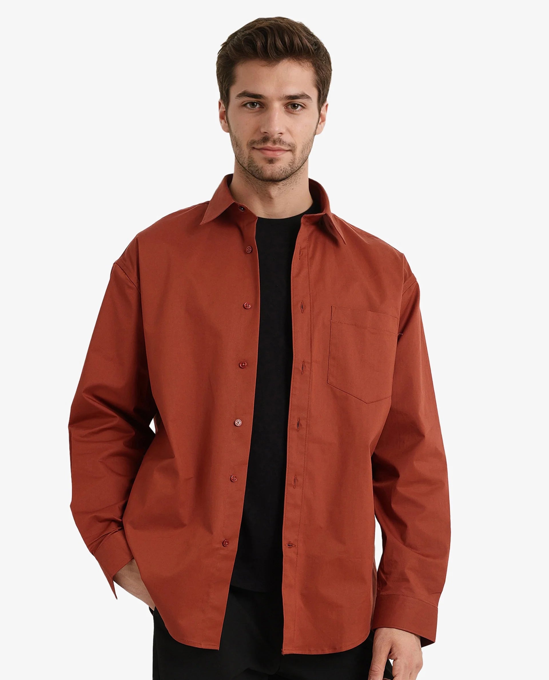 Rare Rabbit Men's Crofty Rust Cotton Lycra Fabric Full Sleeves Collared Neck Regular Fit Plain Shirt