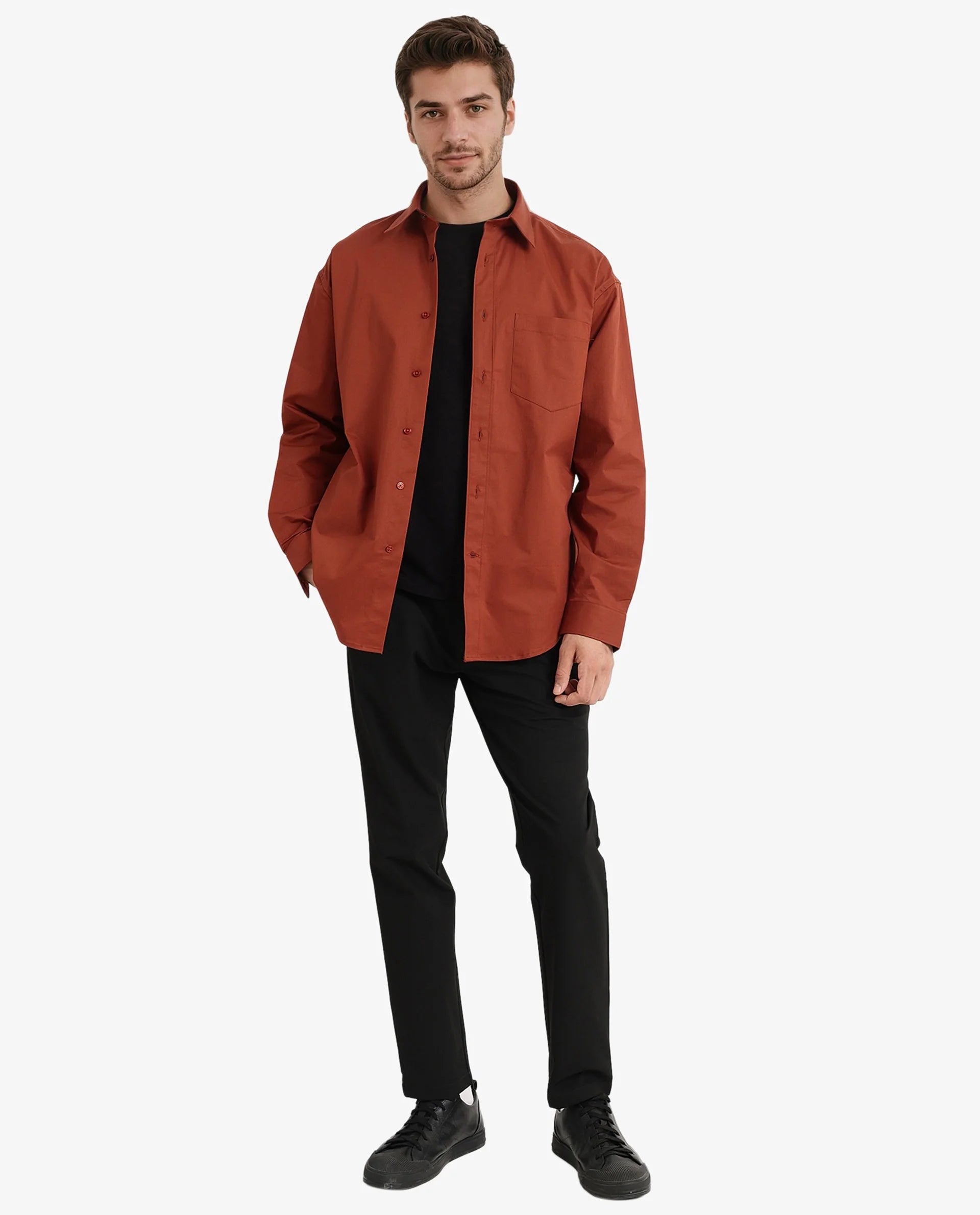 Rare Rabbit Men's Crofty Rust Cotton Lycra Fabric Full Sleeves Collared Neck Regular Fit Plain Shirt