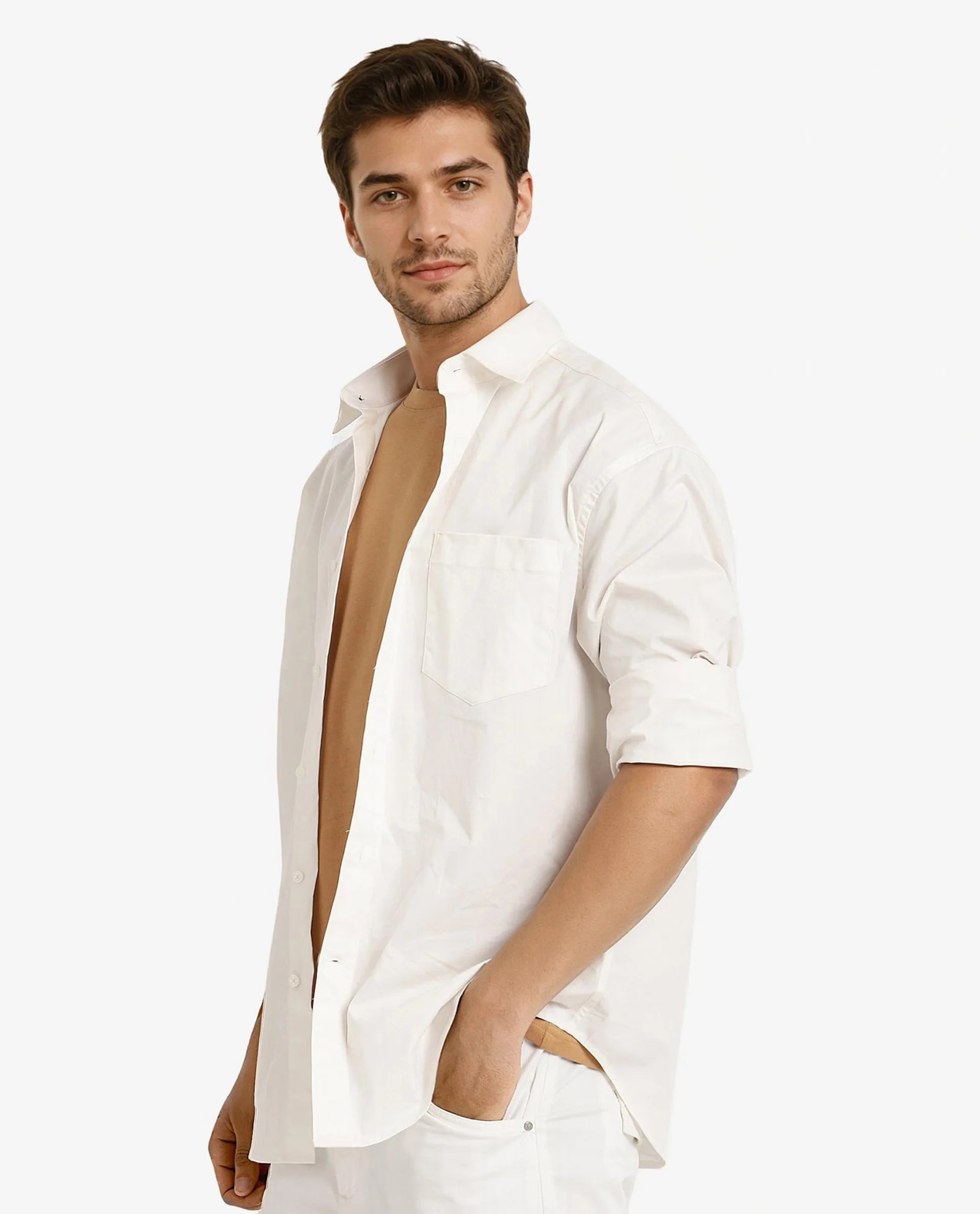 Rare Rabbit Men's Crofty White Cotton Lycra Fabric Full Sleeves Collared Neck Regular Fit Plain Shirt