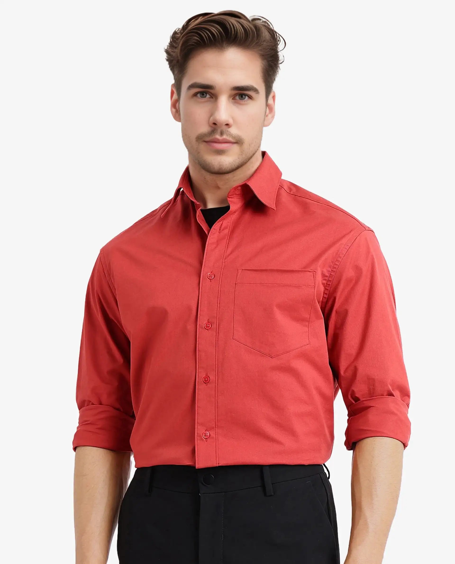 Rare Rabbit Men's Crofty Red Cotton Plain Boxy Fit Full Sleeve Collared Shirt