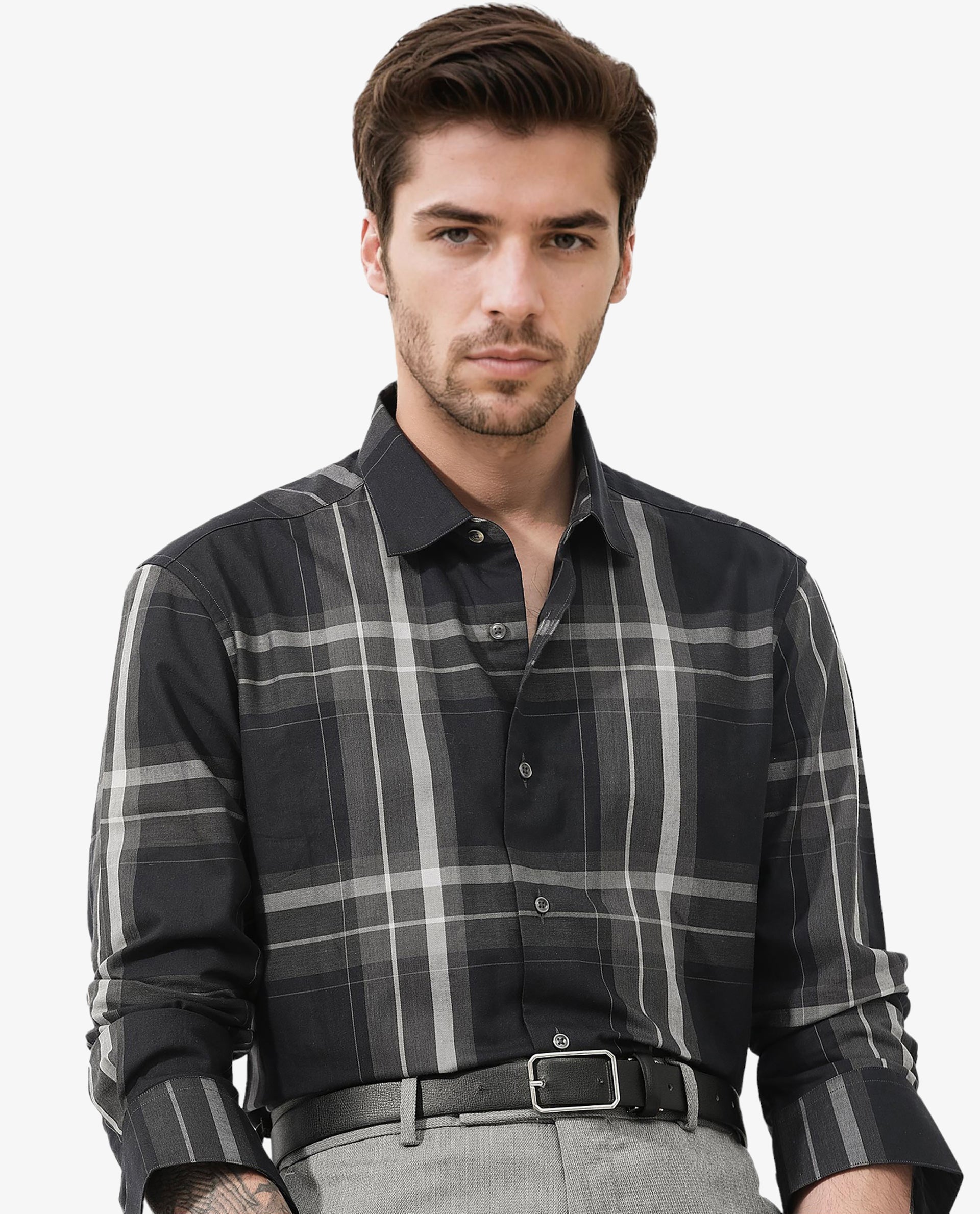 Rare Rabbit Mens Cromet Black Full Sleeve Cotton Fabric Regular Fit Checks Shirt