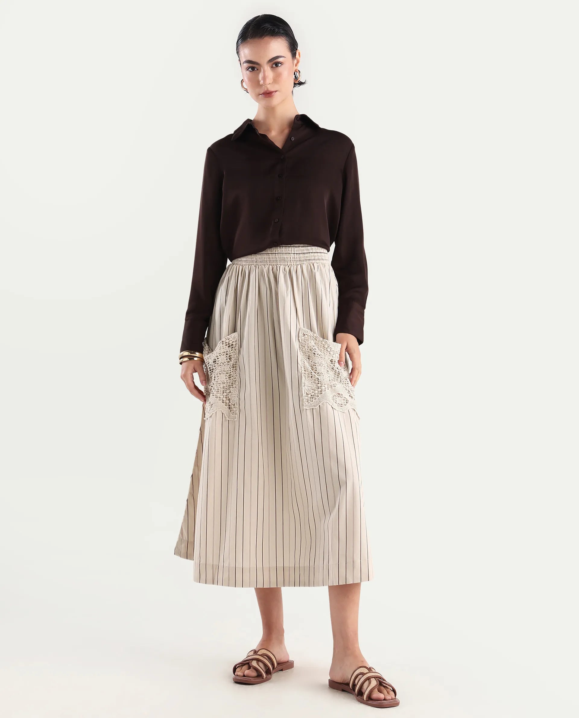 Rareism Women's Cuba-B Light Beige Cotton Plain Midi Flared Skirt