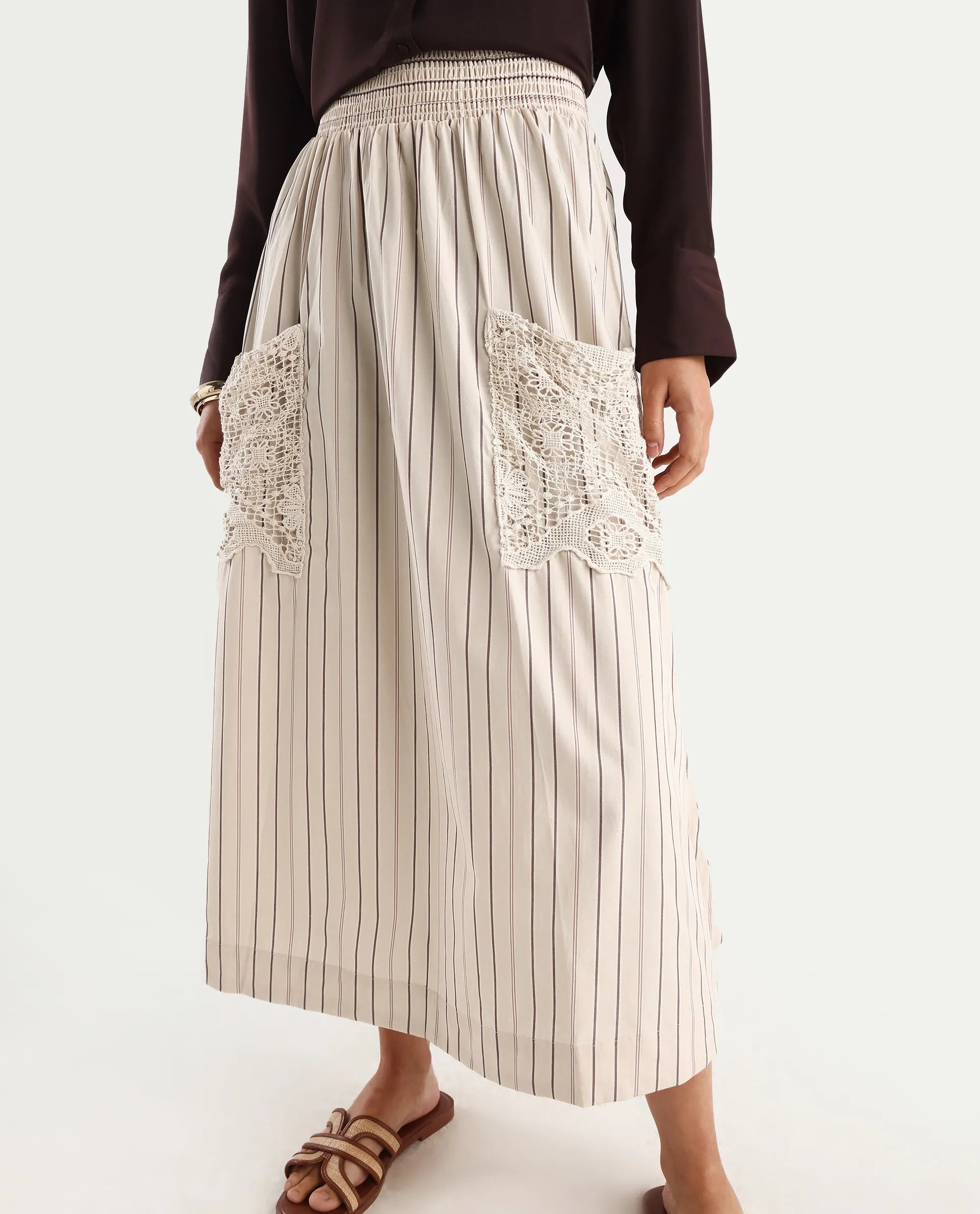 Rareism Women's Cuba-B Light Beige Cotton Plain Midi Flared Skirt